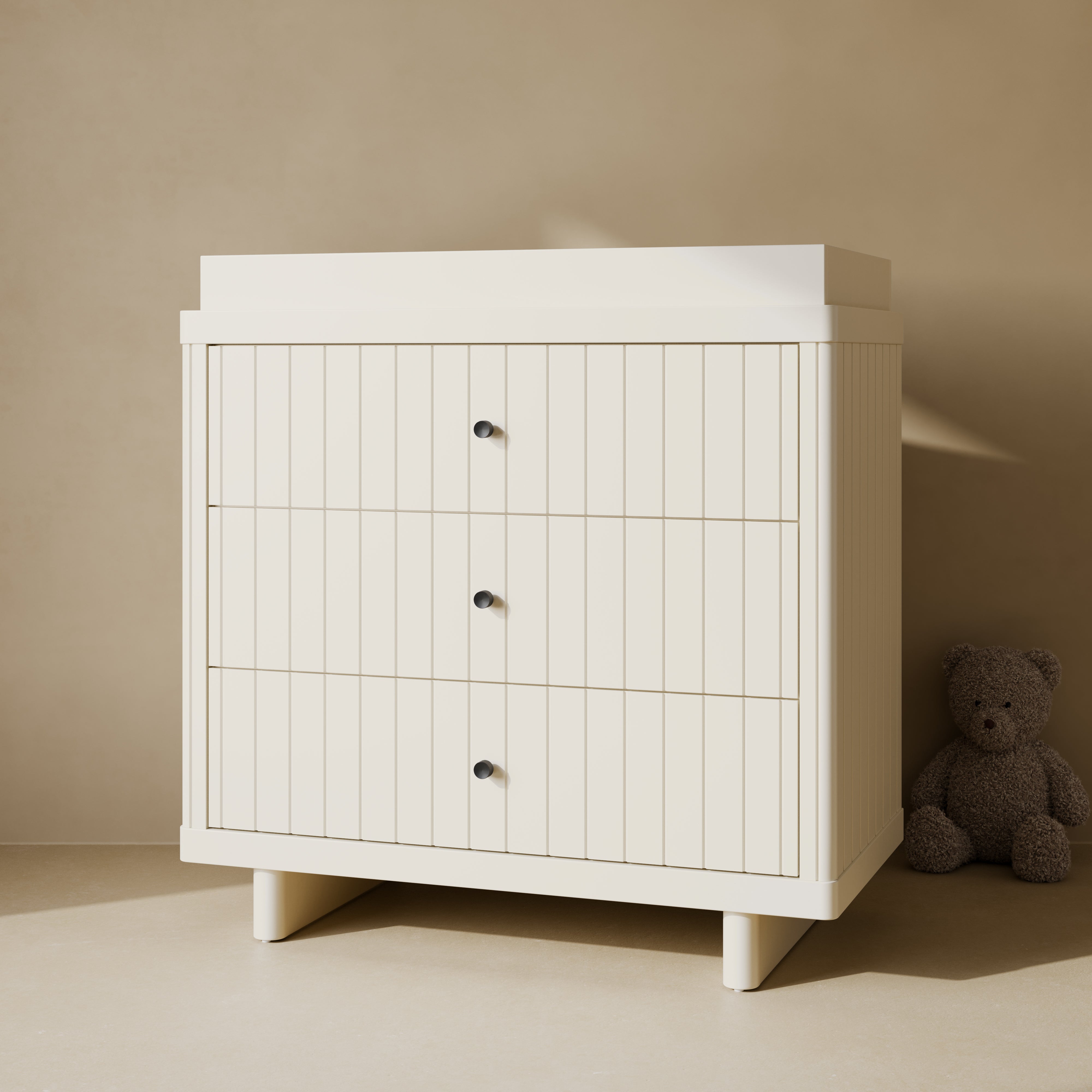 3 drawer chest with changing topper in nursery frosted oat