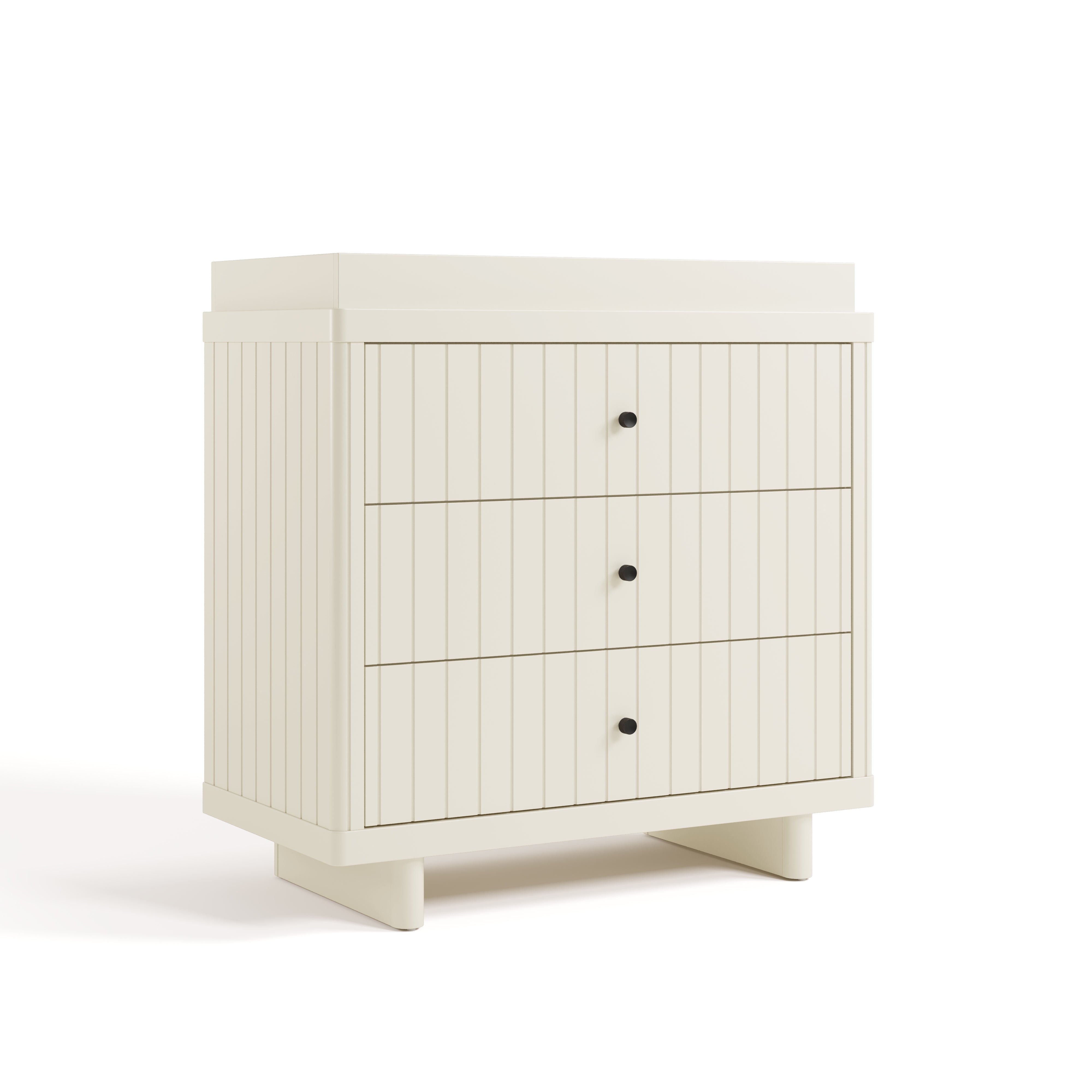 3 drawer chest with changing topper angled view frosted oat