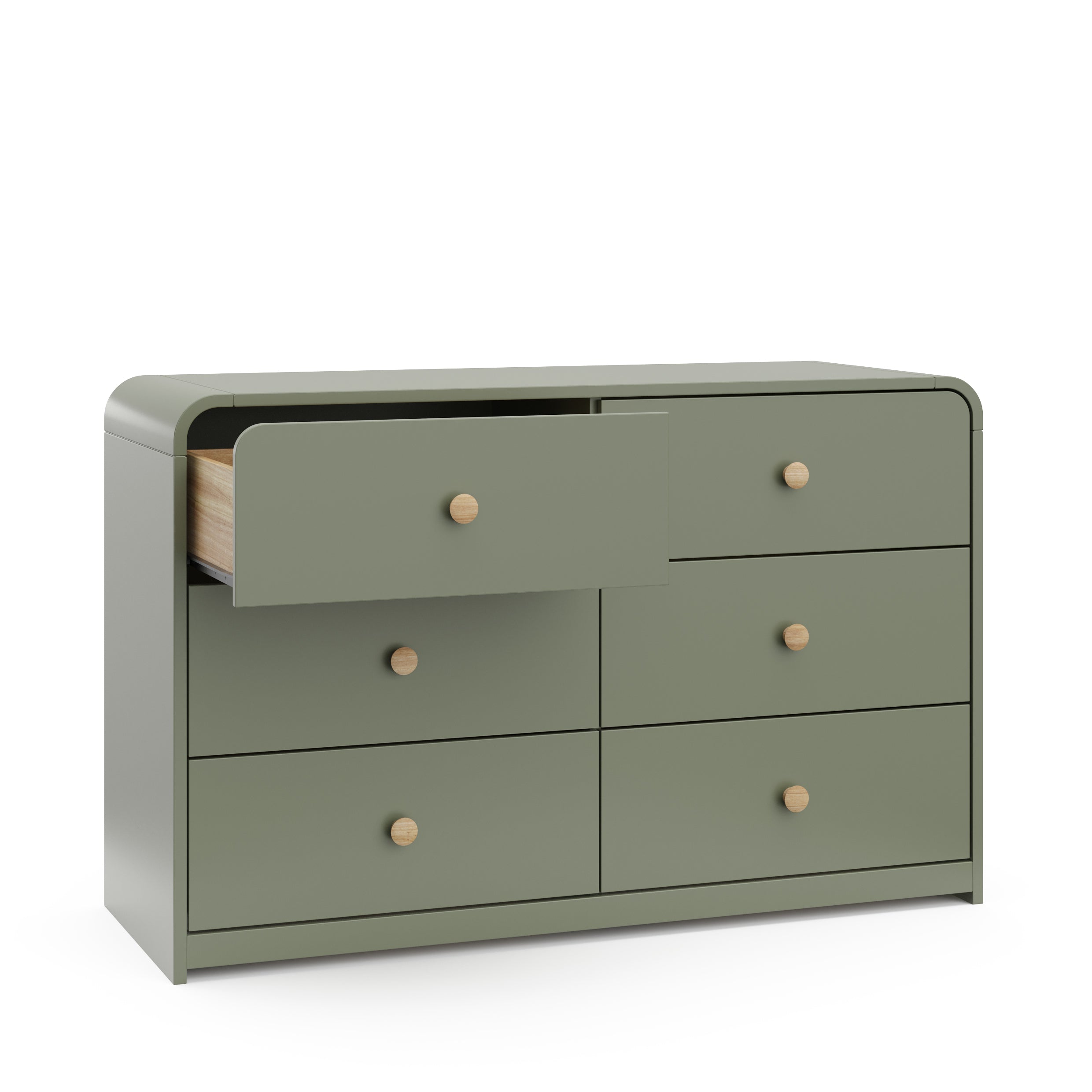 6 drawer dresser olive drawer out side view angle