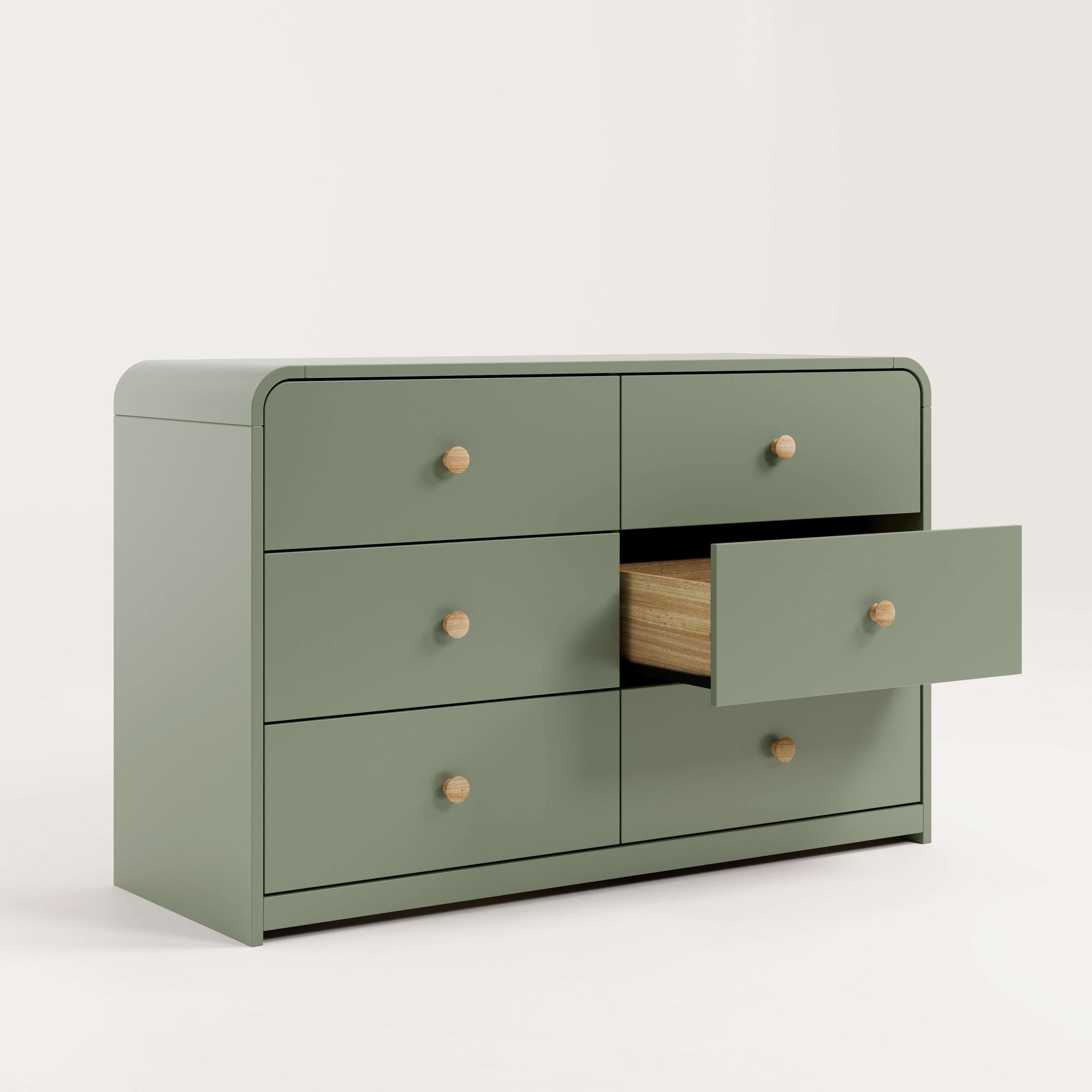 6 drawer dresser olive drawer out side view angle