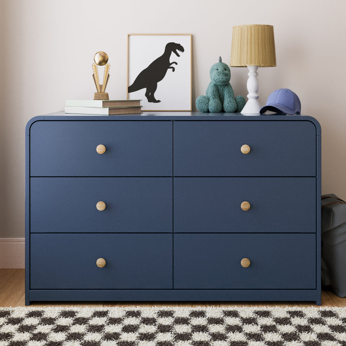 6 drawer midnight blue dresser in bedroom