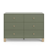 Front view of olive dresser with driftwood knobs and base