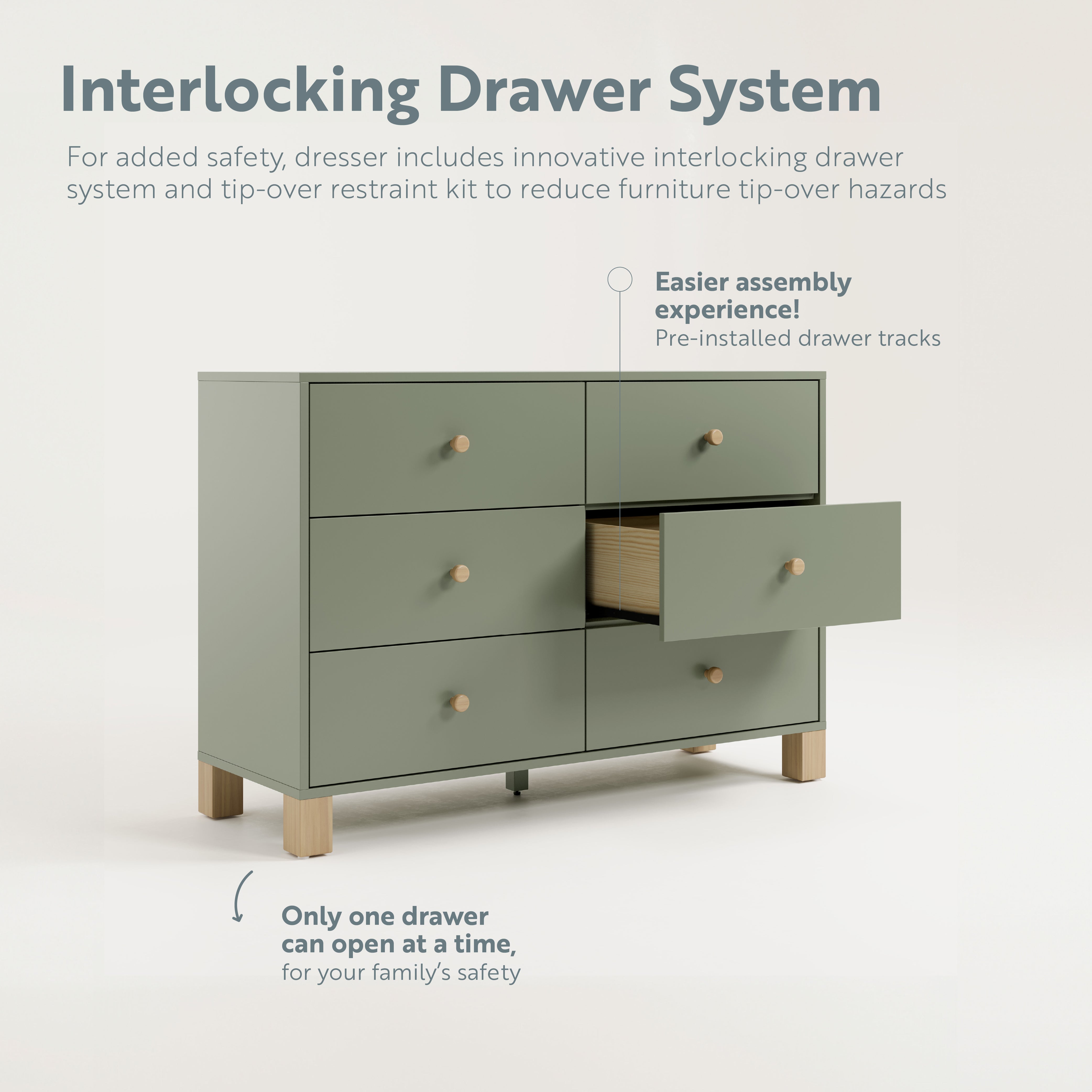 6 Drawer Dresser interlocking system (Olive with Driftwood)