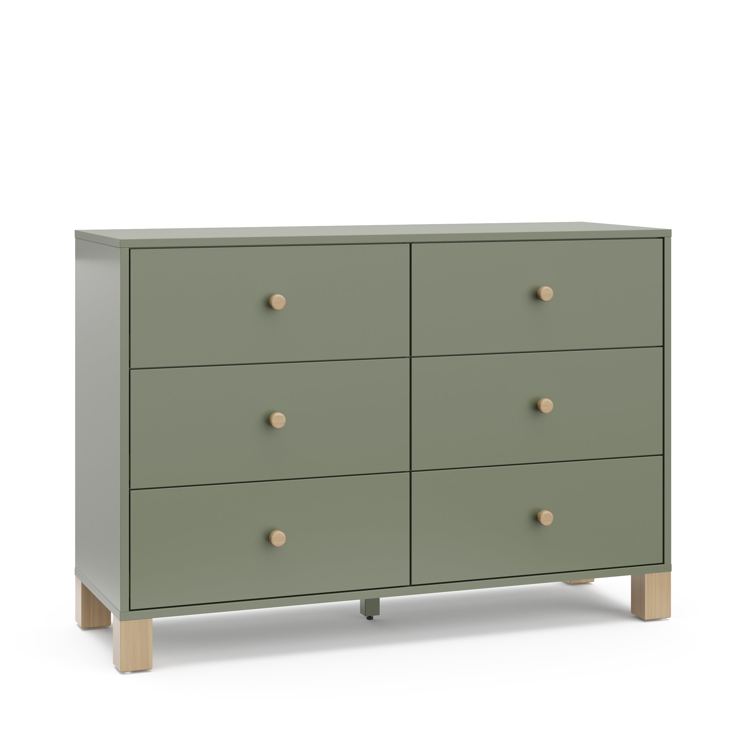 6 Drawer Dresser angled view (Olive with Driftwood)