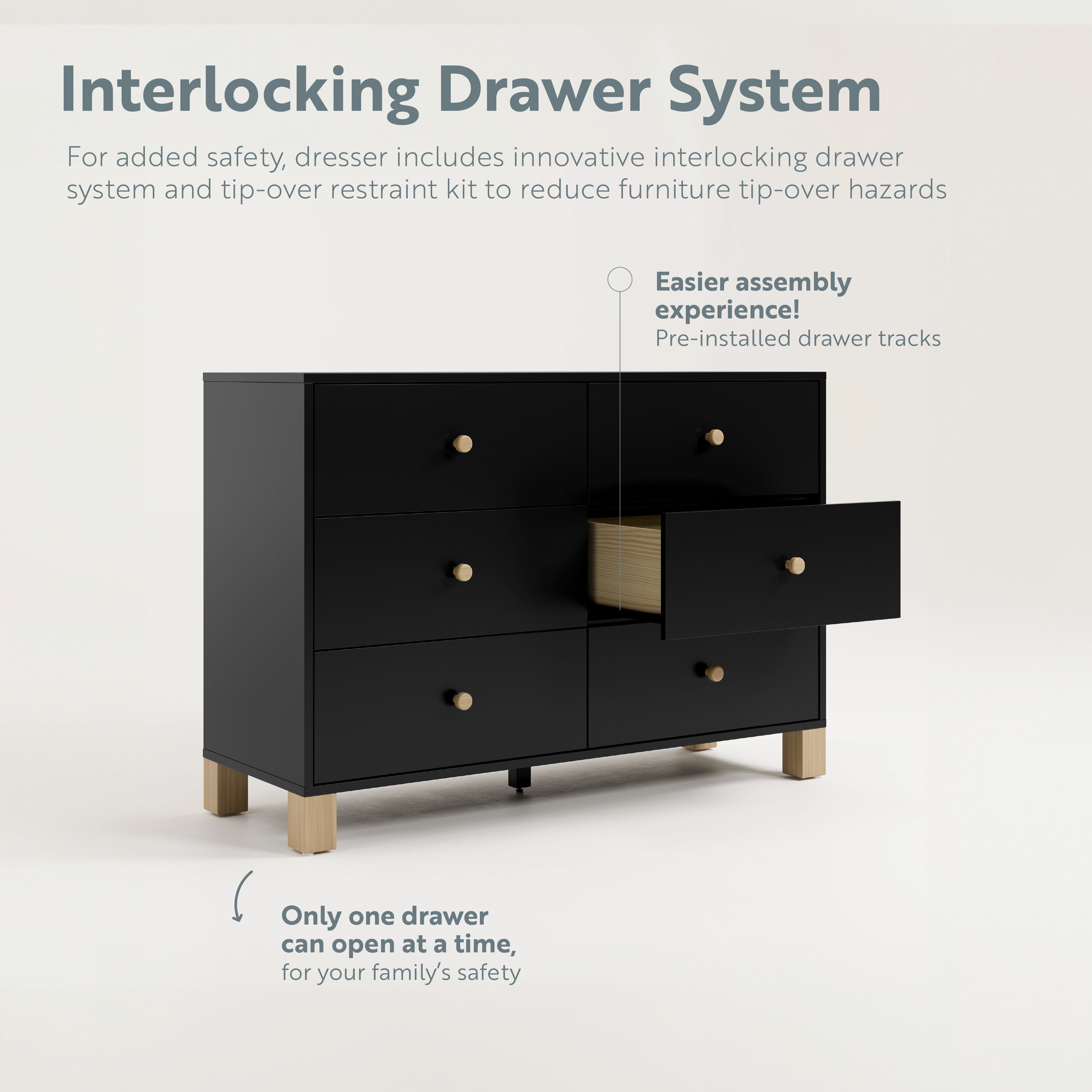 6 Drawer Dresser interlocking system (Black with Driftwood)