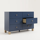 6 Drawer Dresser with open drawer, angled view (Midnight Blue with Driftwood)