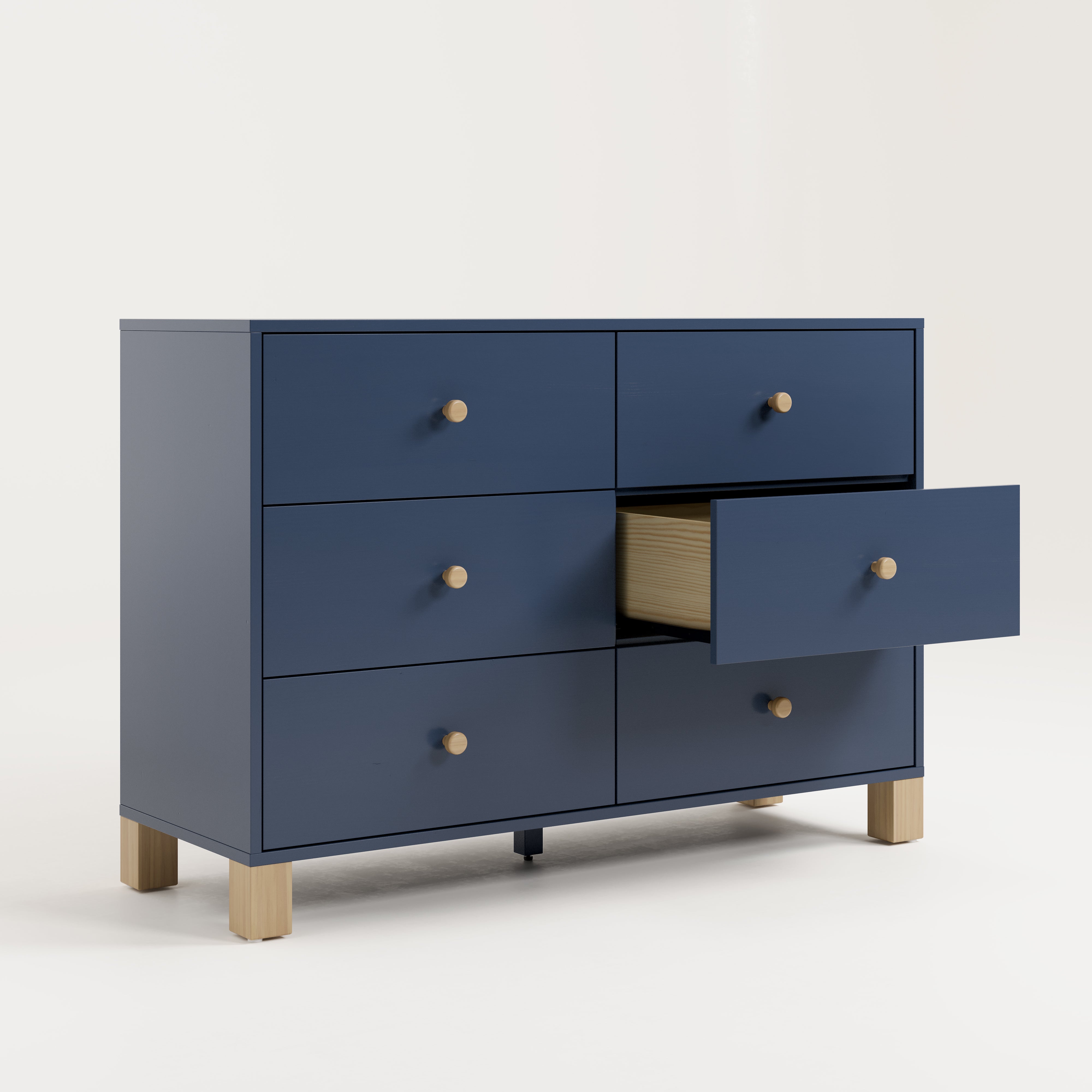 6 Drawer Dresser with open drawer, angled view (Midnight Blue with Driftwood)