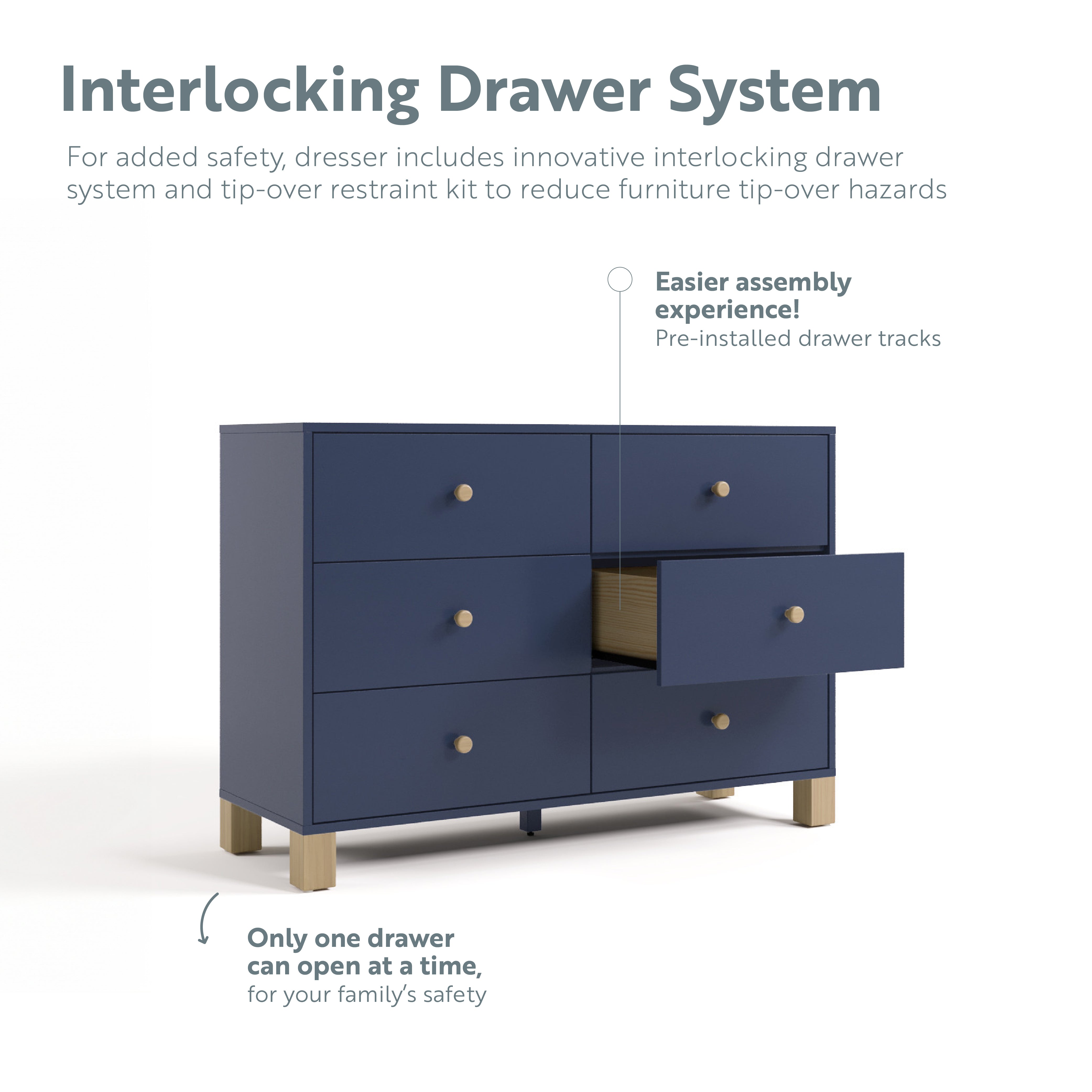 6 Drawer Dresser interlocking system (Midnight Blue with Driftwood)