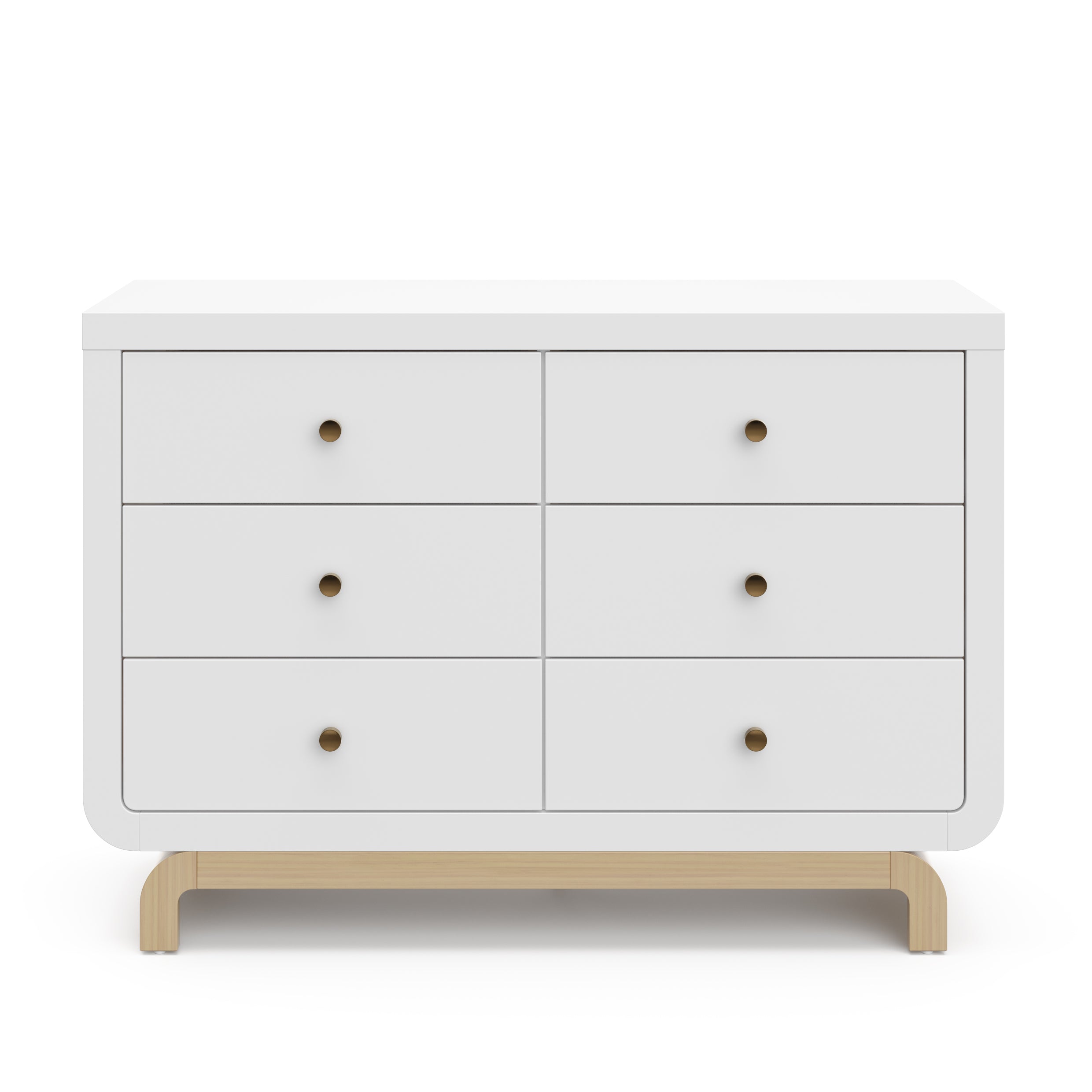 Front view of white 6 drawer dresser with driftwood base 