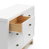 Top view of white 6 drawer dresser with driftwood base with 1 open drawer