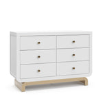 Angled view of white 6 drawer dresser with driftwood base 