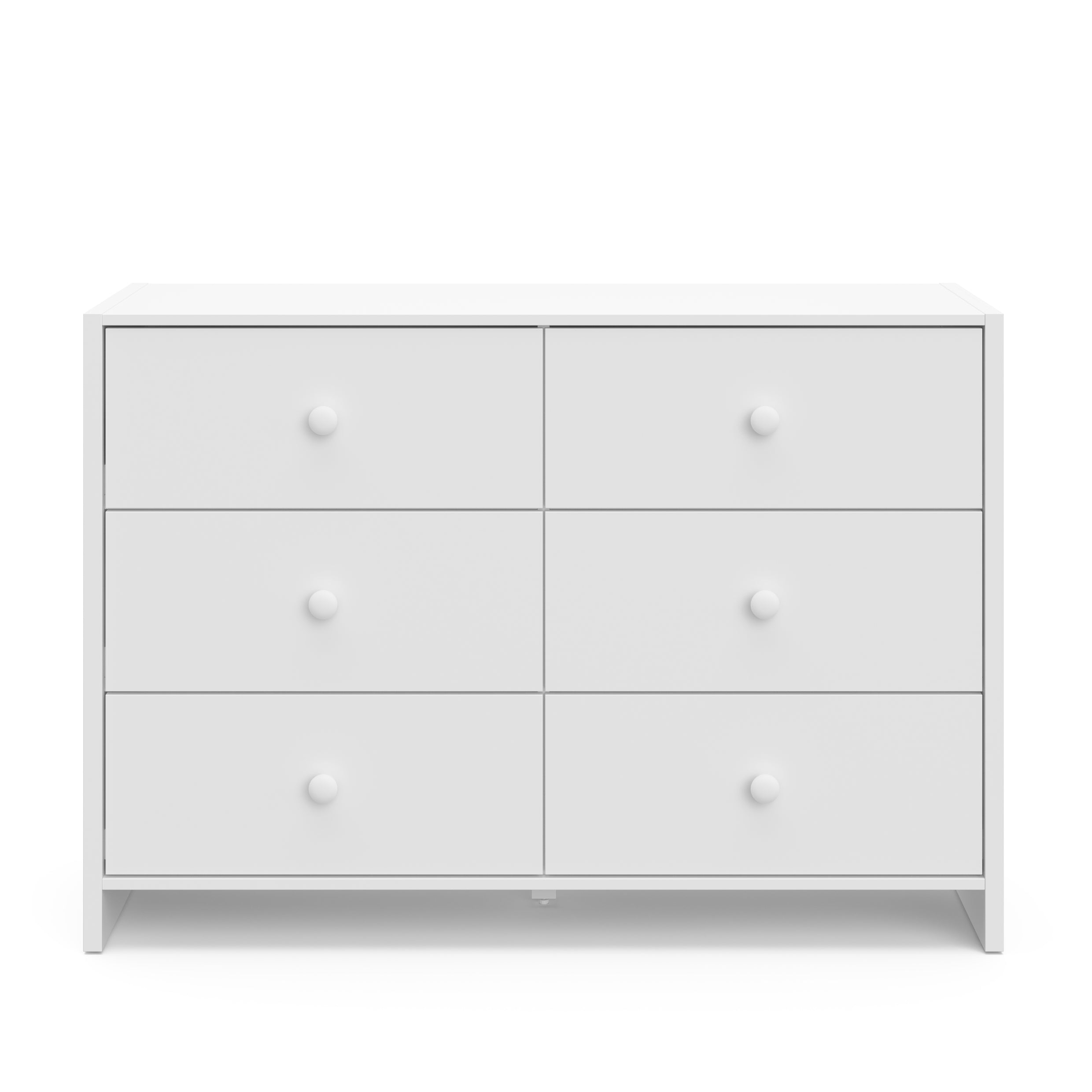 Front view of white dresser with 6 drawers