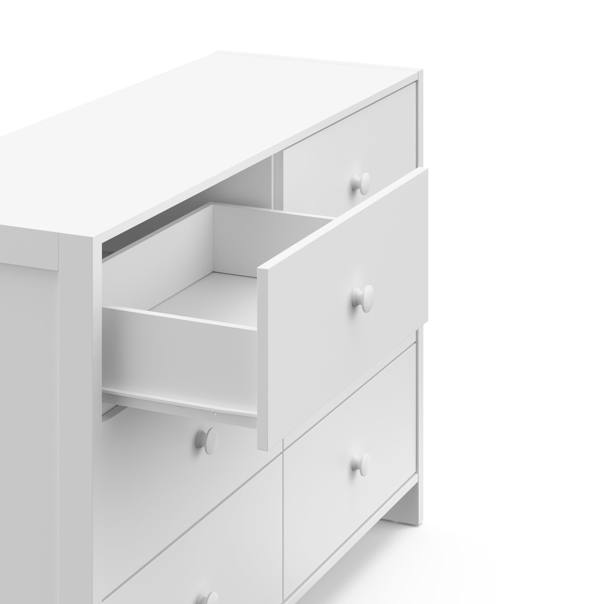  Top-angled view of a white dresser with one open drawer