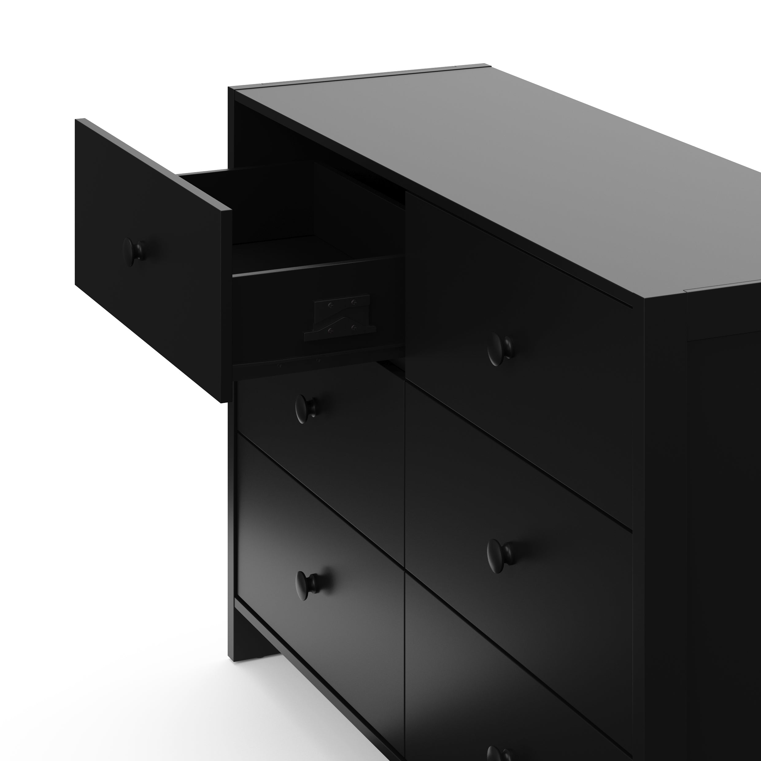 Top-angled view of a black dresser with one open drawer, showcasing an interlocking drawer system.