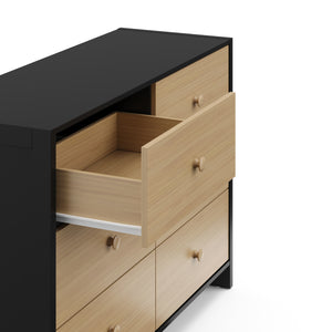  Top-angled view of a black with driftwood dresser with one open drawer
