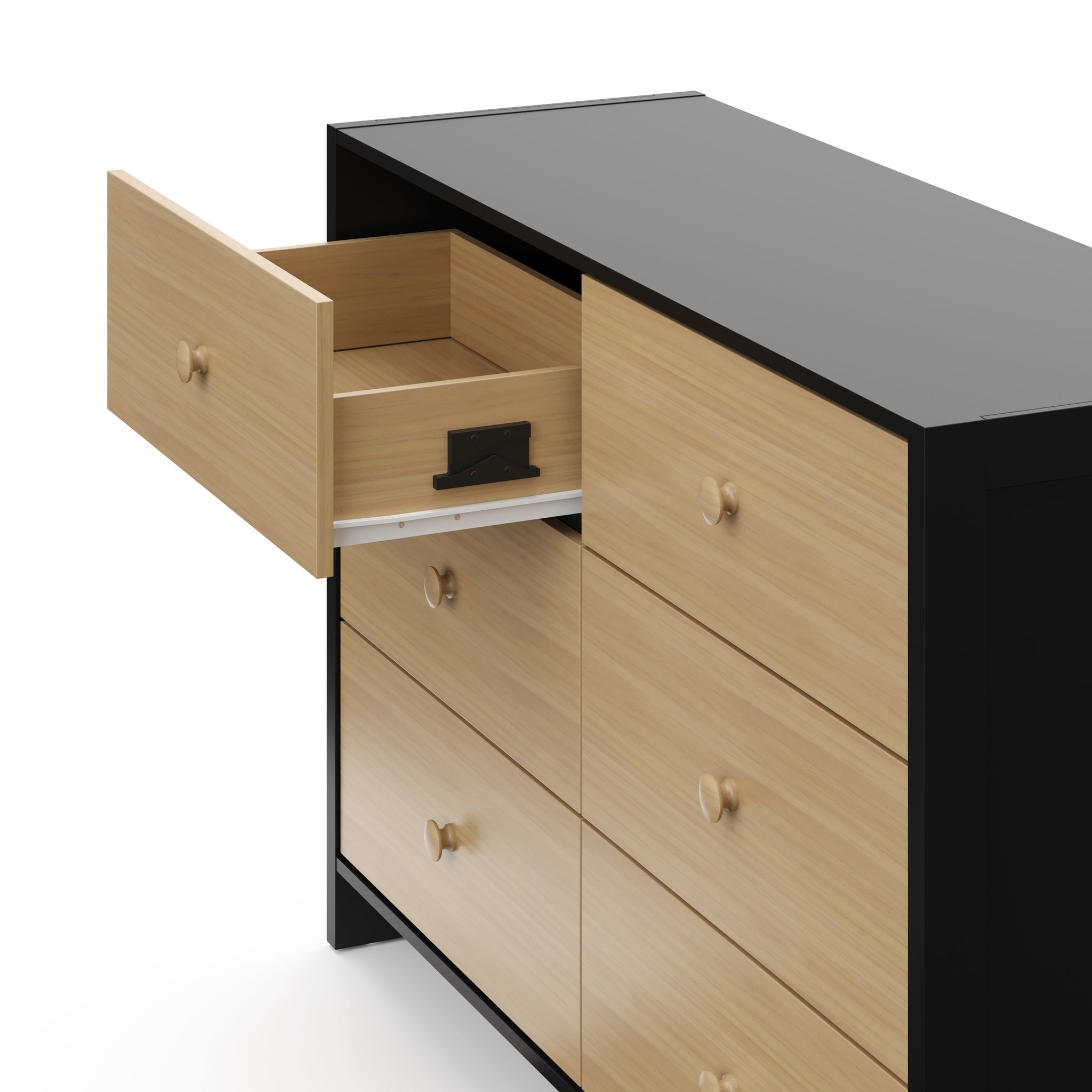 Top-angled view of a black with driftwood dresser with one open drawer, showcasing an interlocking drawer system.