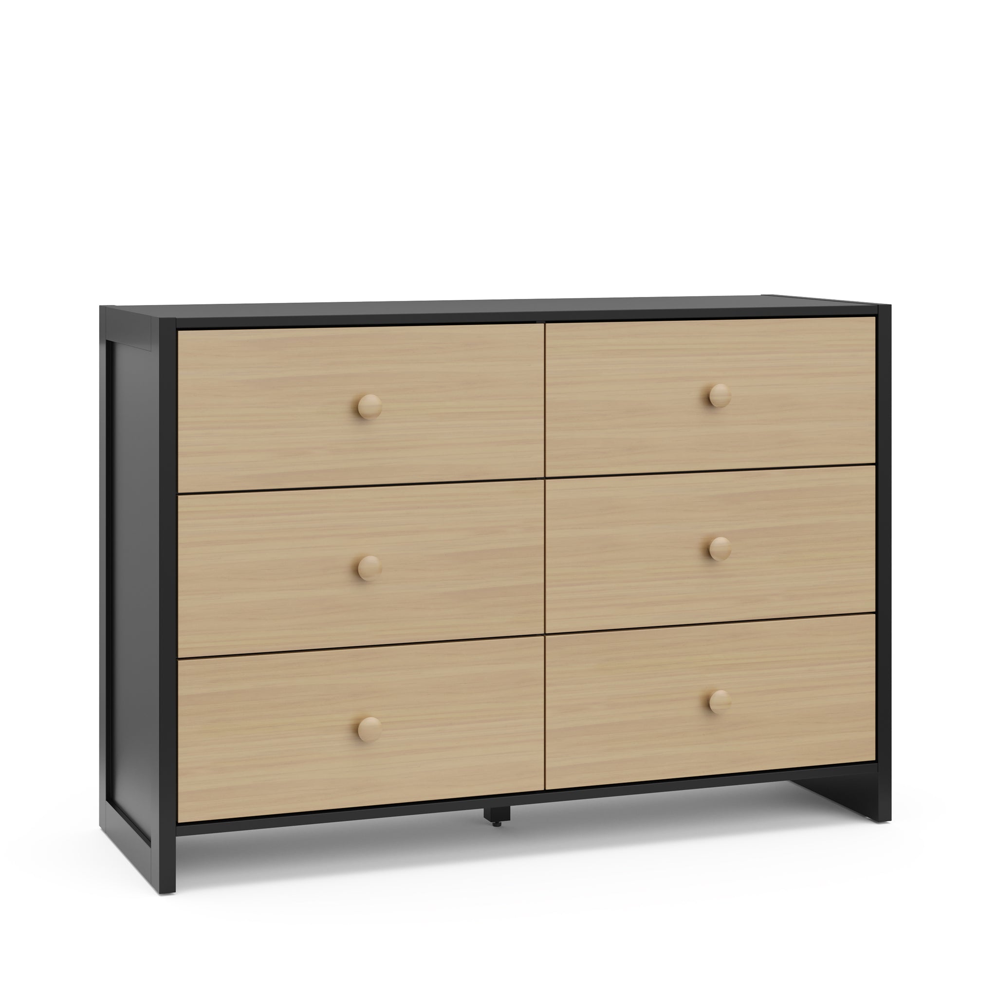 Angled view of a black with driftwood dresser with 6 drawers