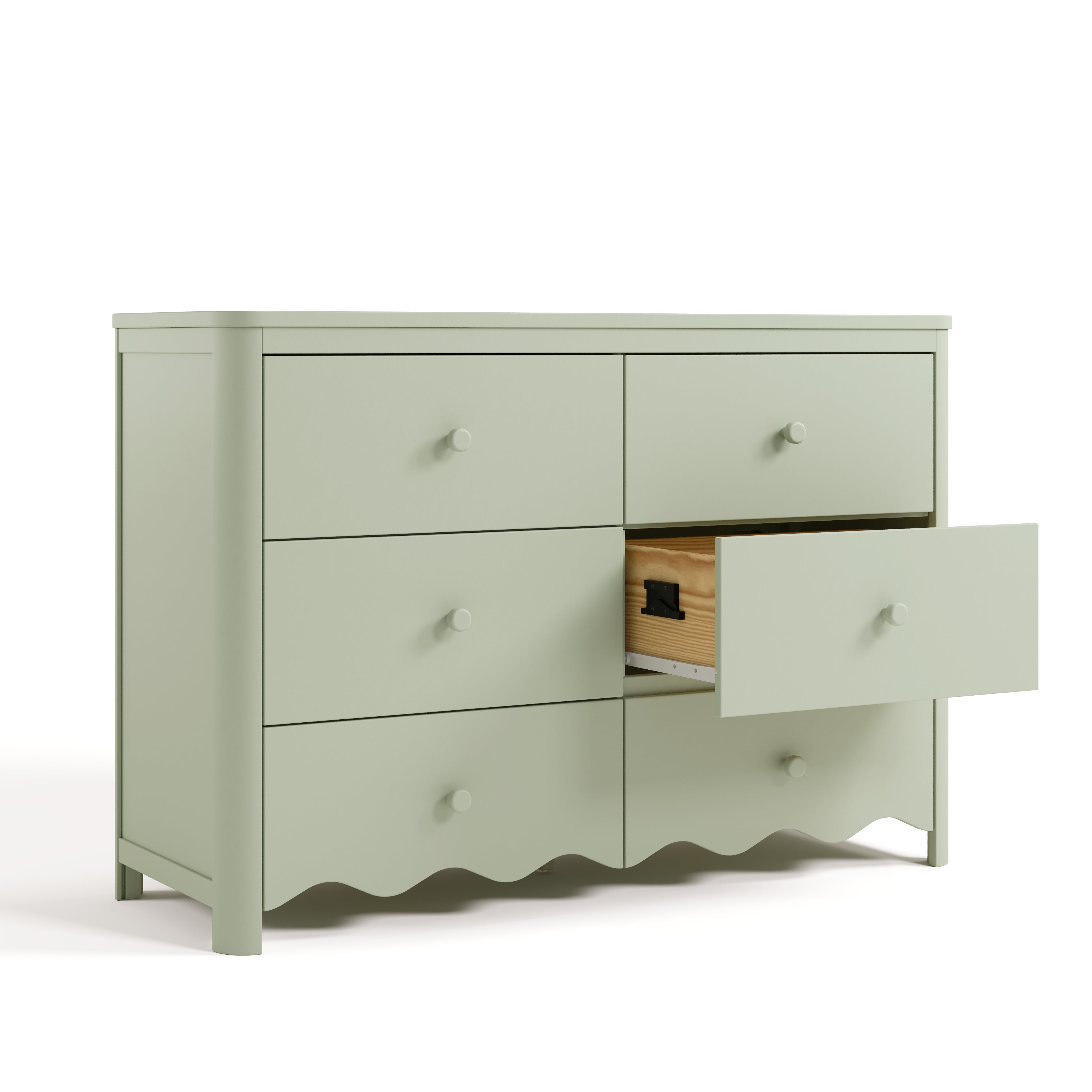 6 drawer dresser angled view with middle right drawer open sage