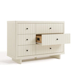 6 drawer dresser angled view with middle right drawer open frosted oat