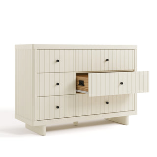 6 drawer dresser angled view with middle right drawer open frosted oat