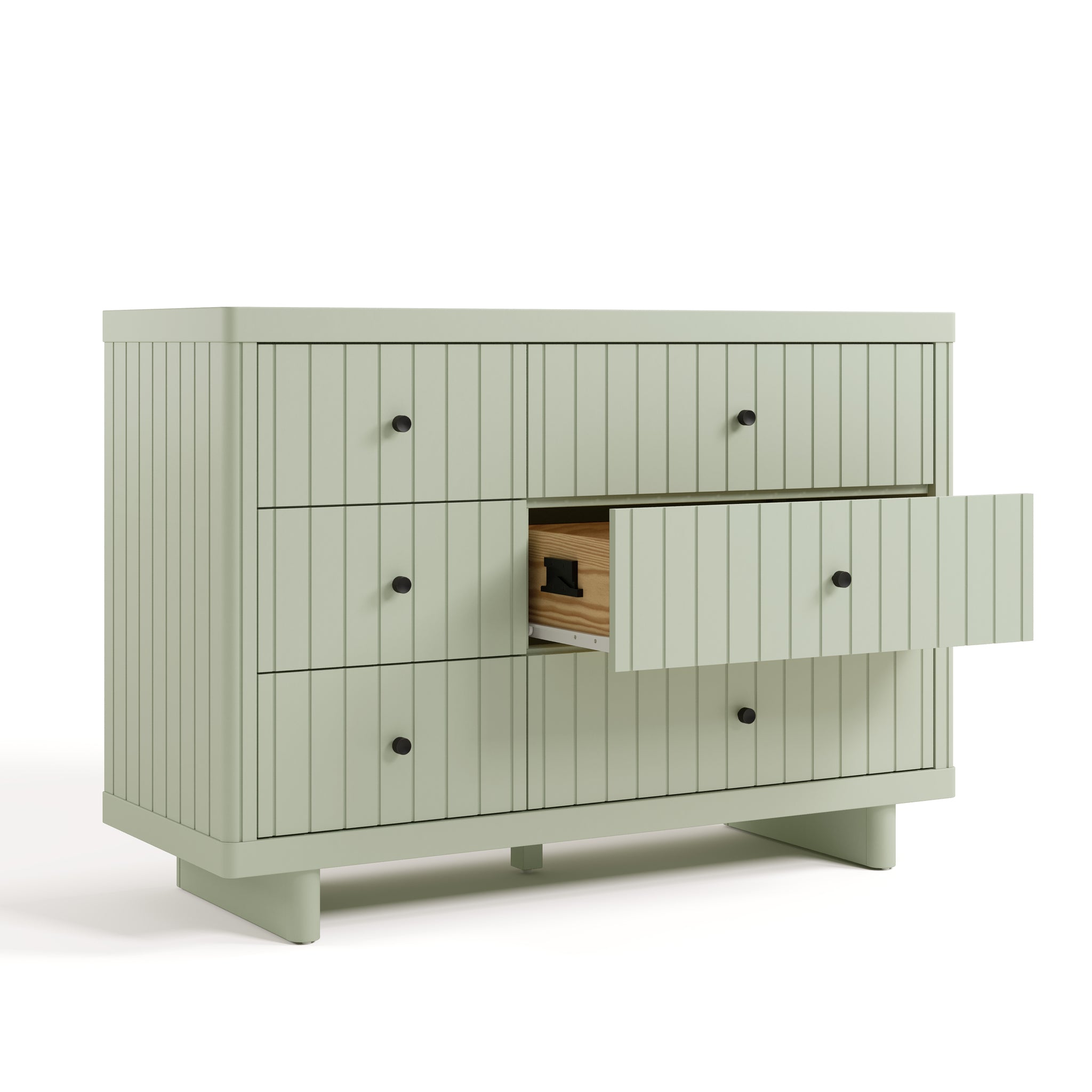 6 drawer dresser angled view with middle right drawer open sage