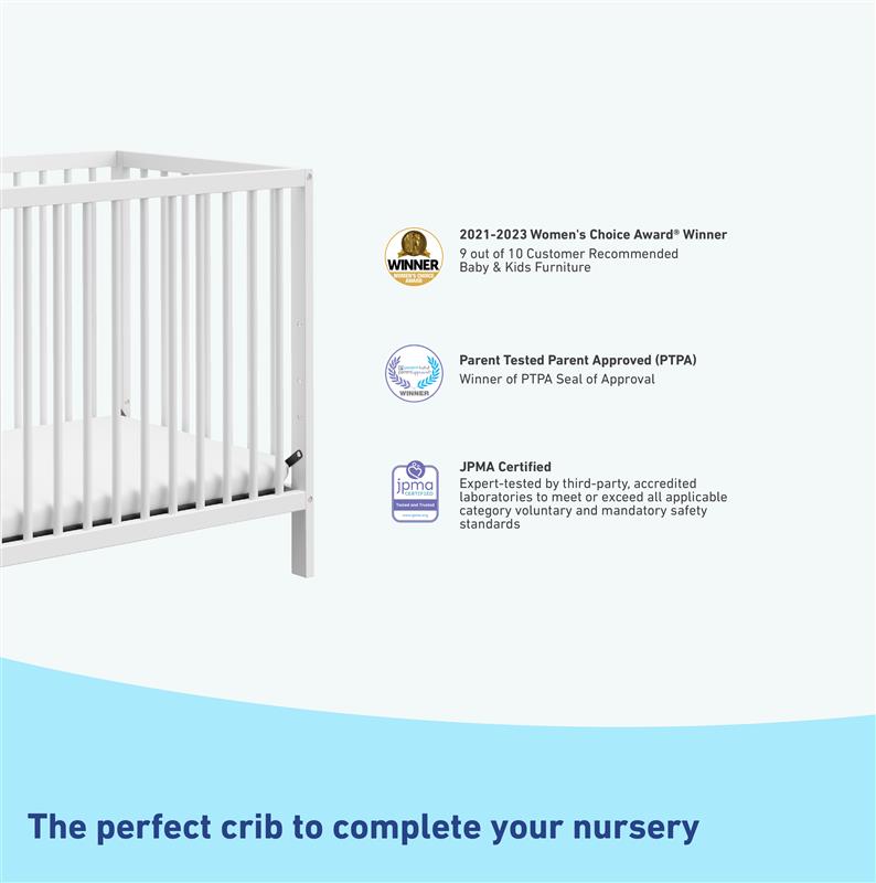 white mini crib with awards and certifications