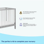 pebble gray and white mini crib with awards and certifications