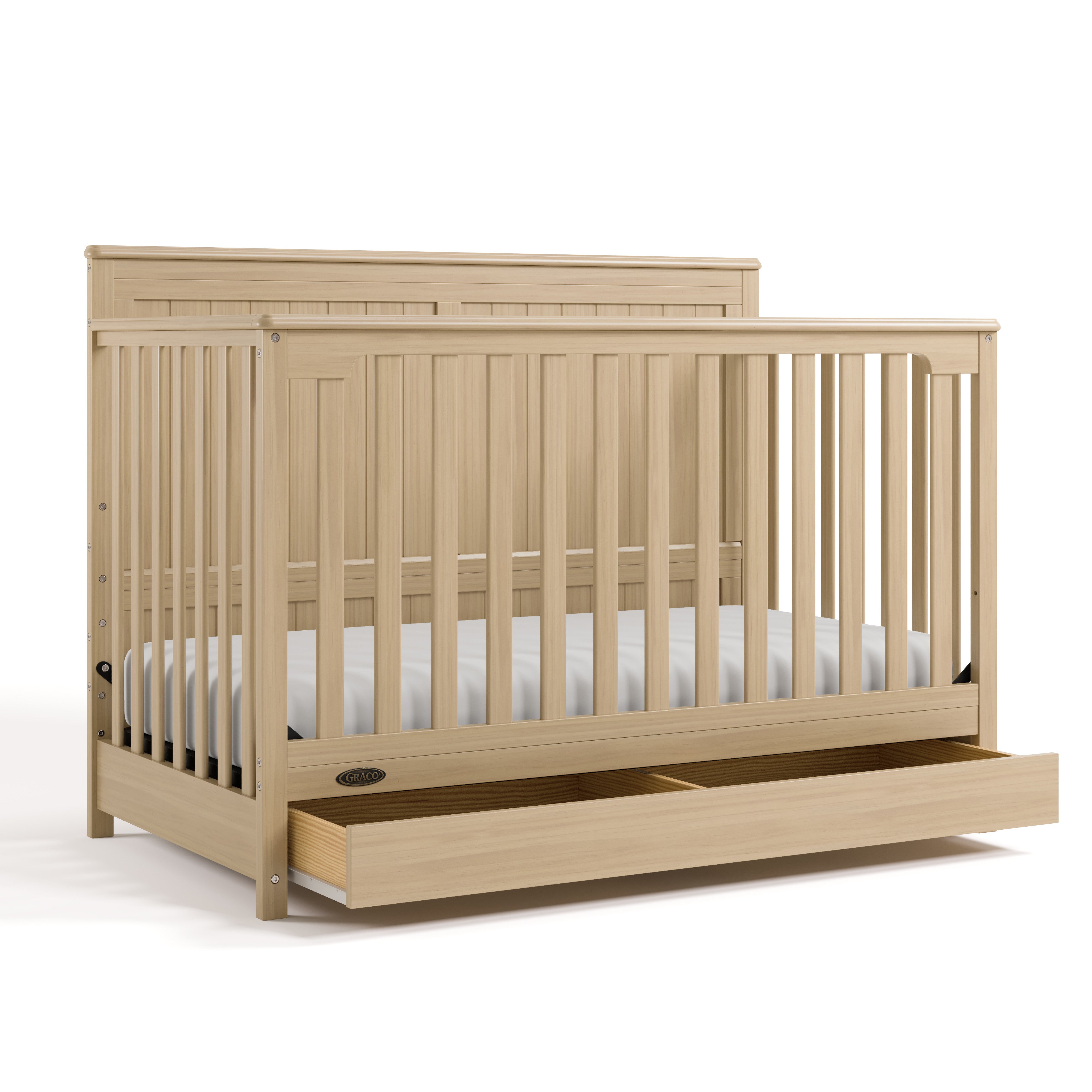 hadley driftwood crib with drawer open angle view