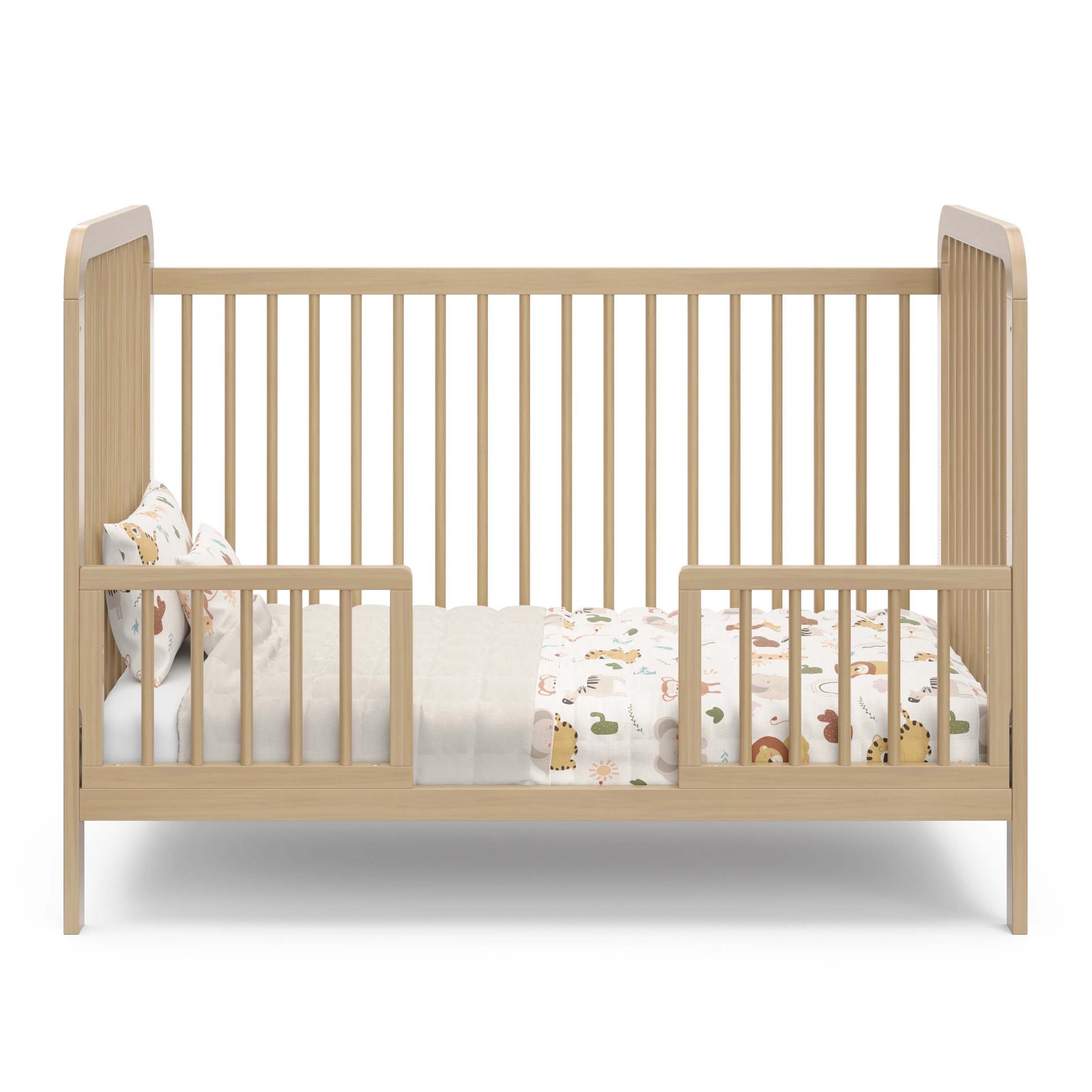 Driftwood Toddler Safety Guardrail Kit with dowels applied in toddler bed