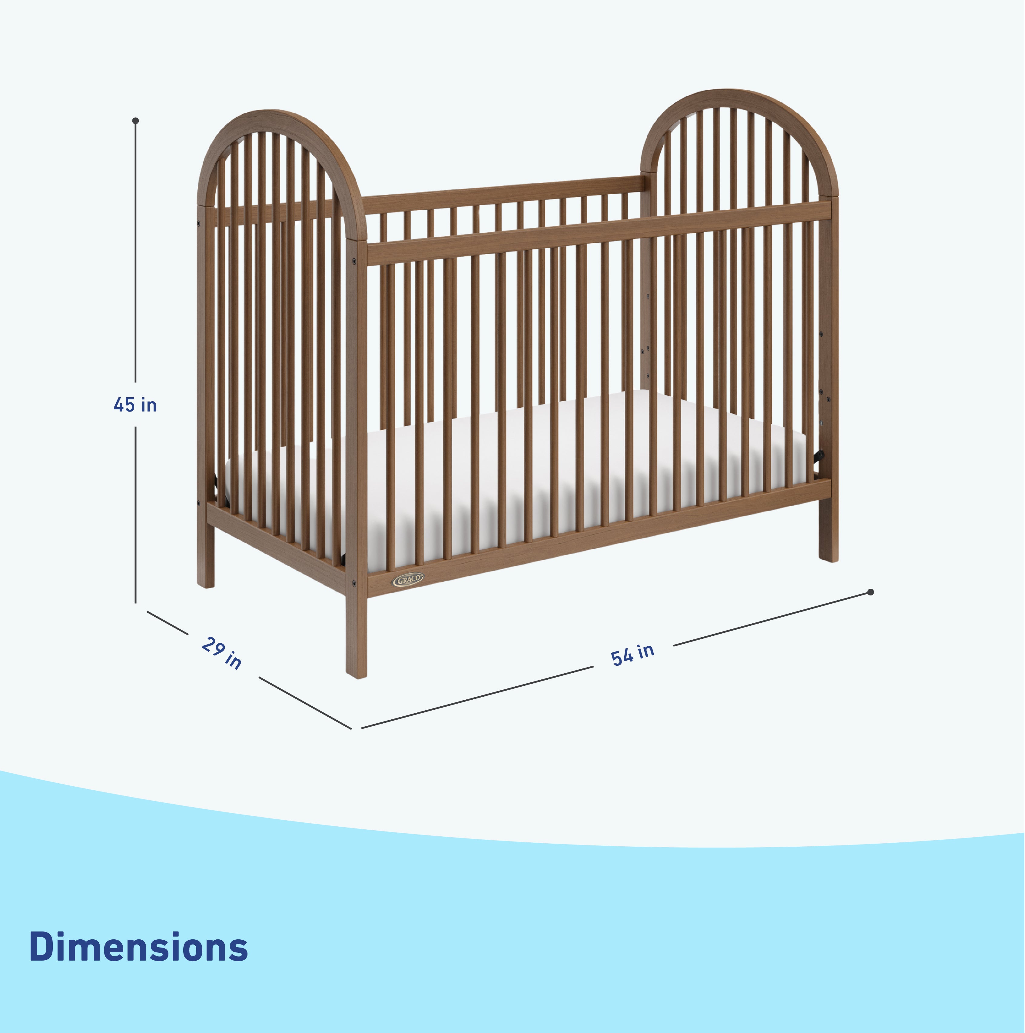 Crib - Angled view showing dimensions (Hazelnut)