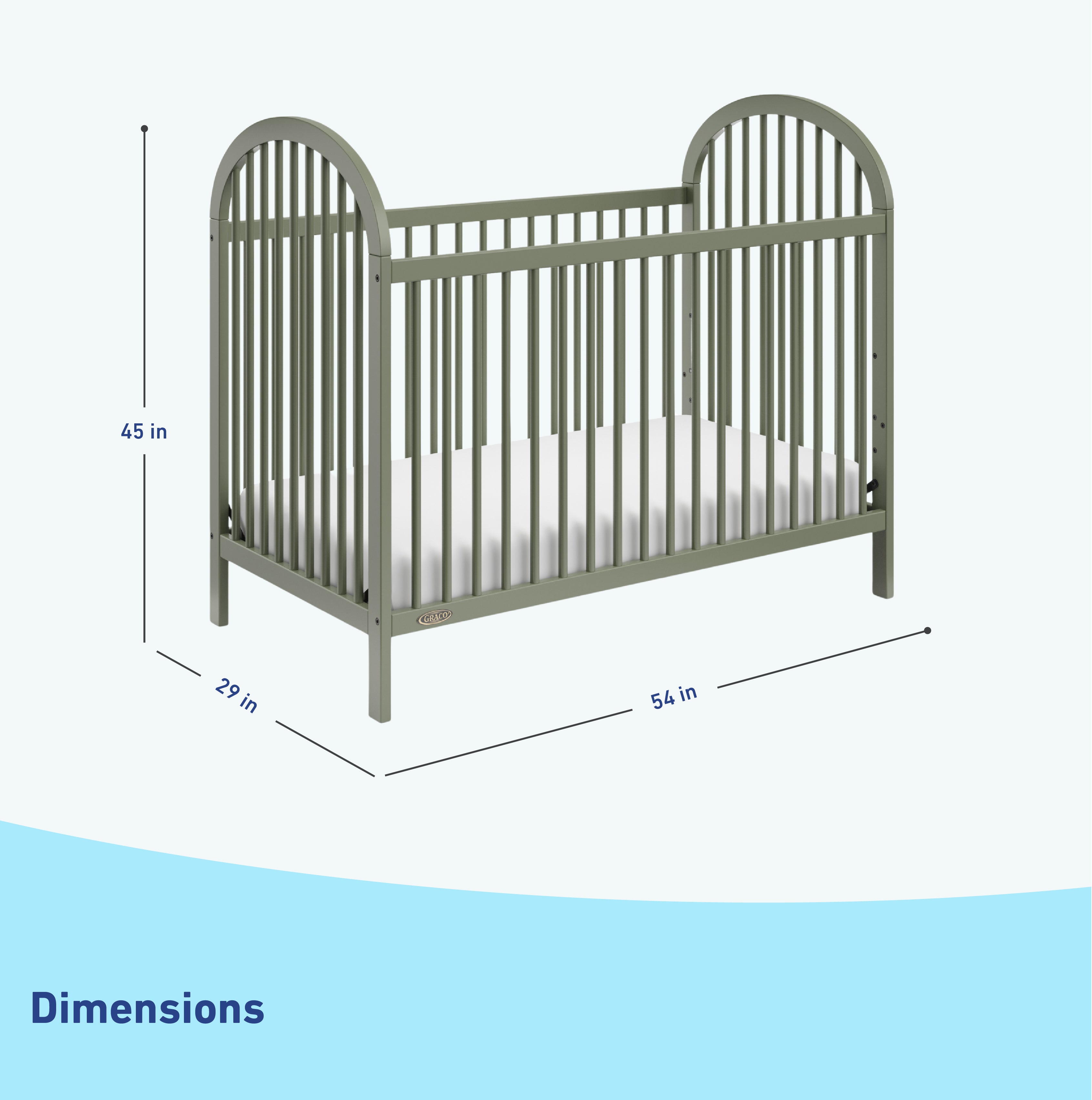 Crib - Angled view showing dimensions (Olive)