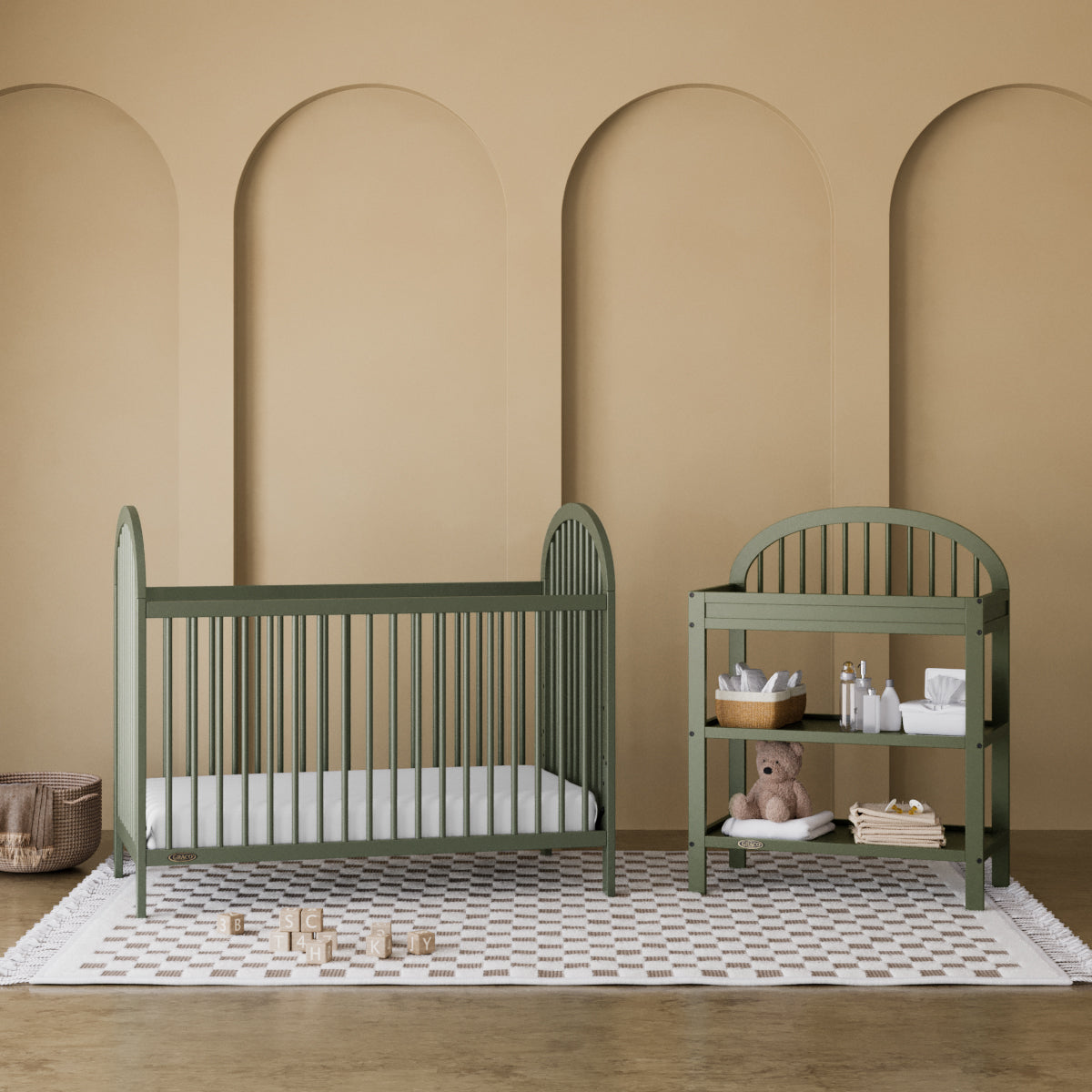 Crib and changing table set in nursery - collection (Olive)