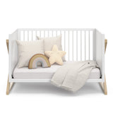 white with driftwood crib, toddler bed conversion