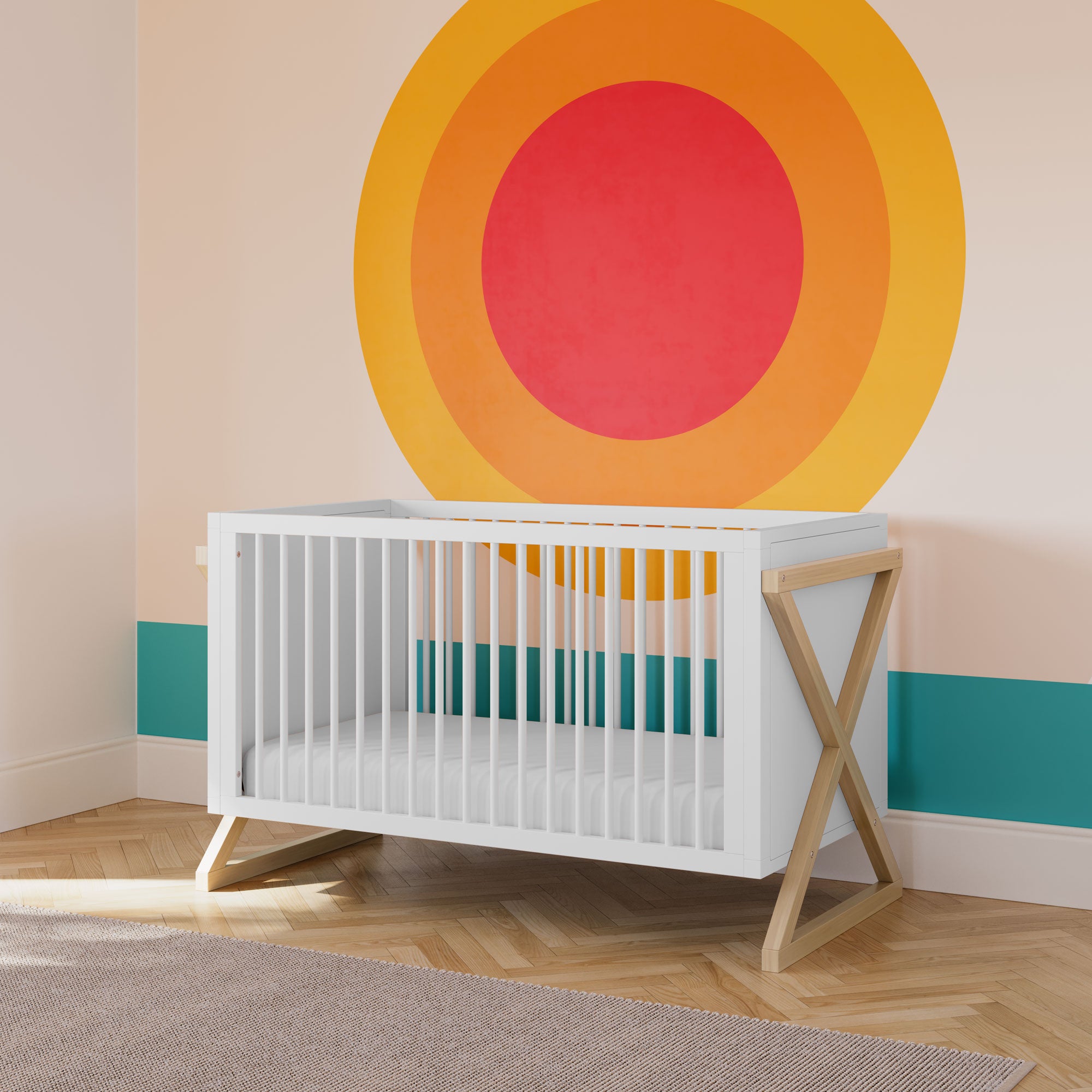 white and driftwood crib in nursery