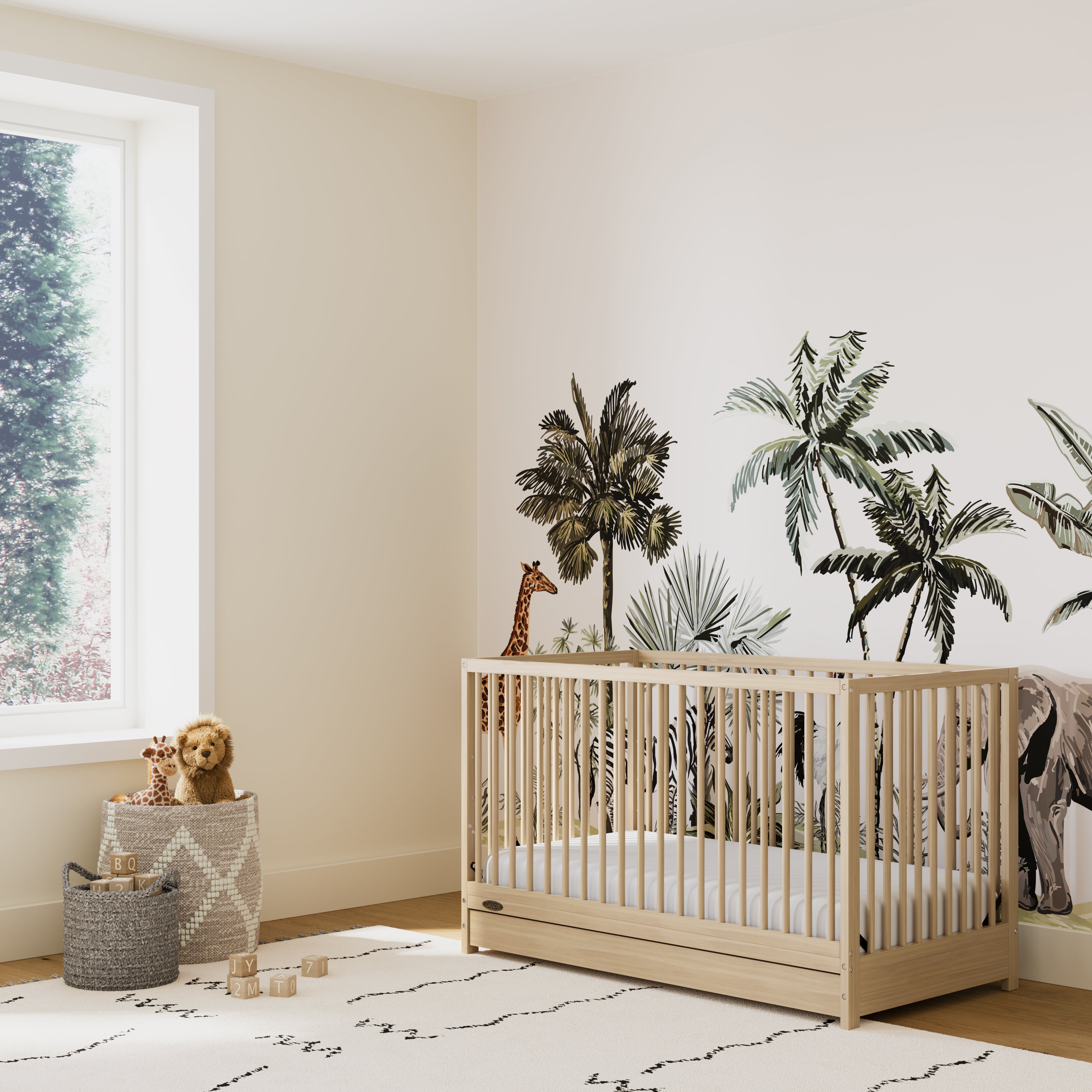 Driftwood crib with drawer in nursery