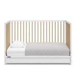 White with driftwood crib with drawer in toddler bed conversion