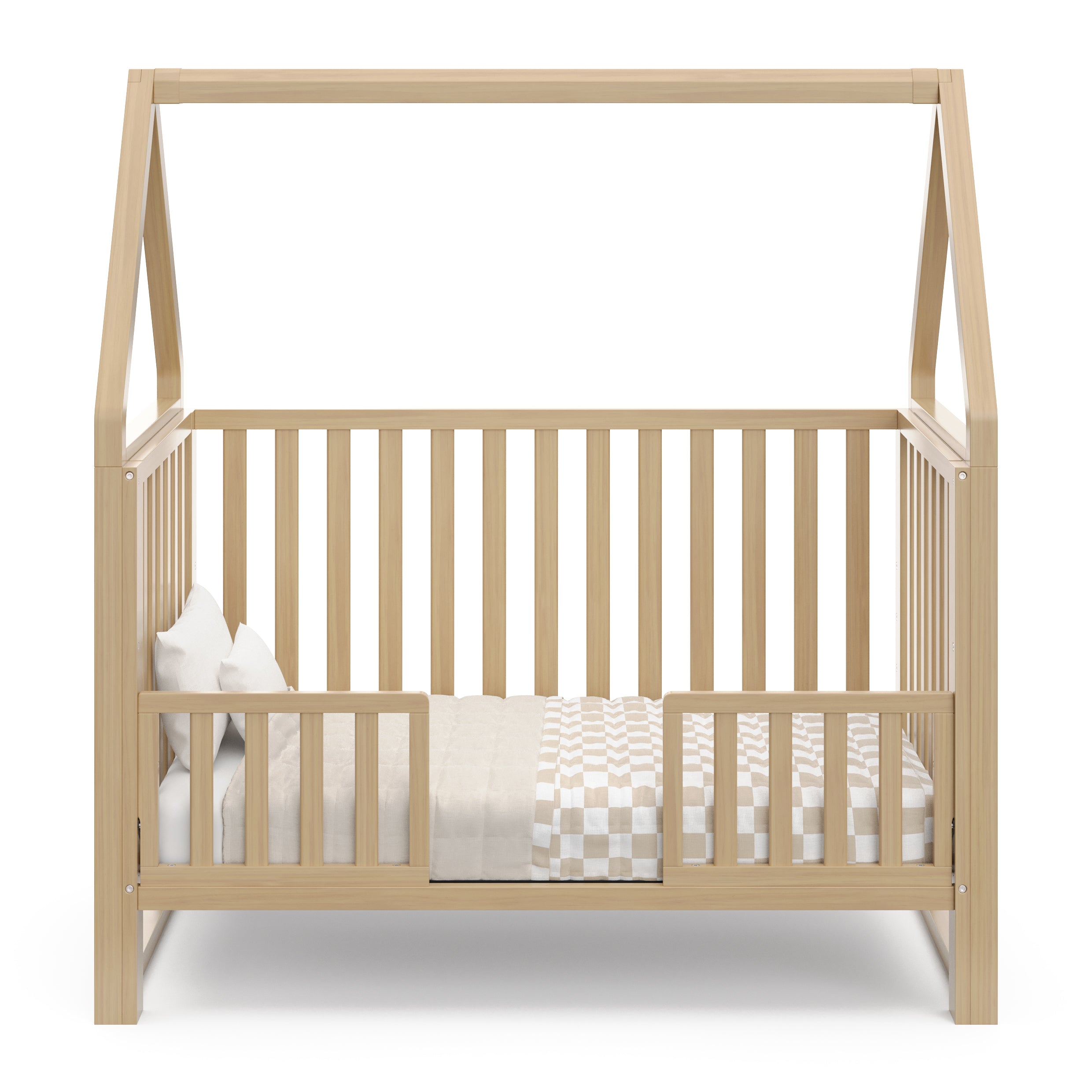 Crib with canopy in toddler bed conversion with guardrails (Drifftwood)