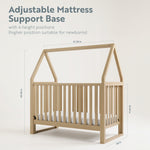 Crib with adjustable mattress description and dimensions displayed (Driftwood)