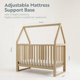 Crib with adjustable mattress description and dimensions displayed (Driftwood)