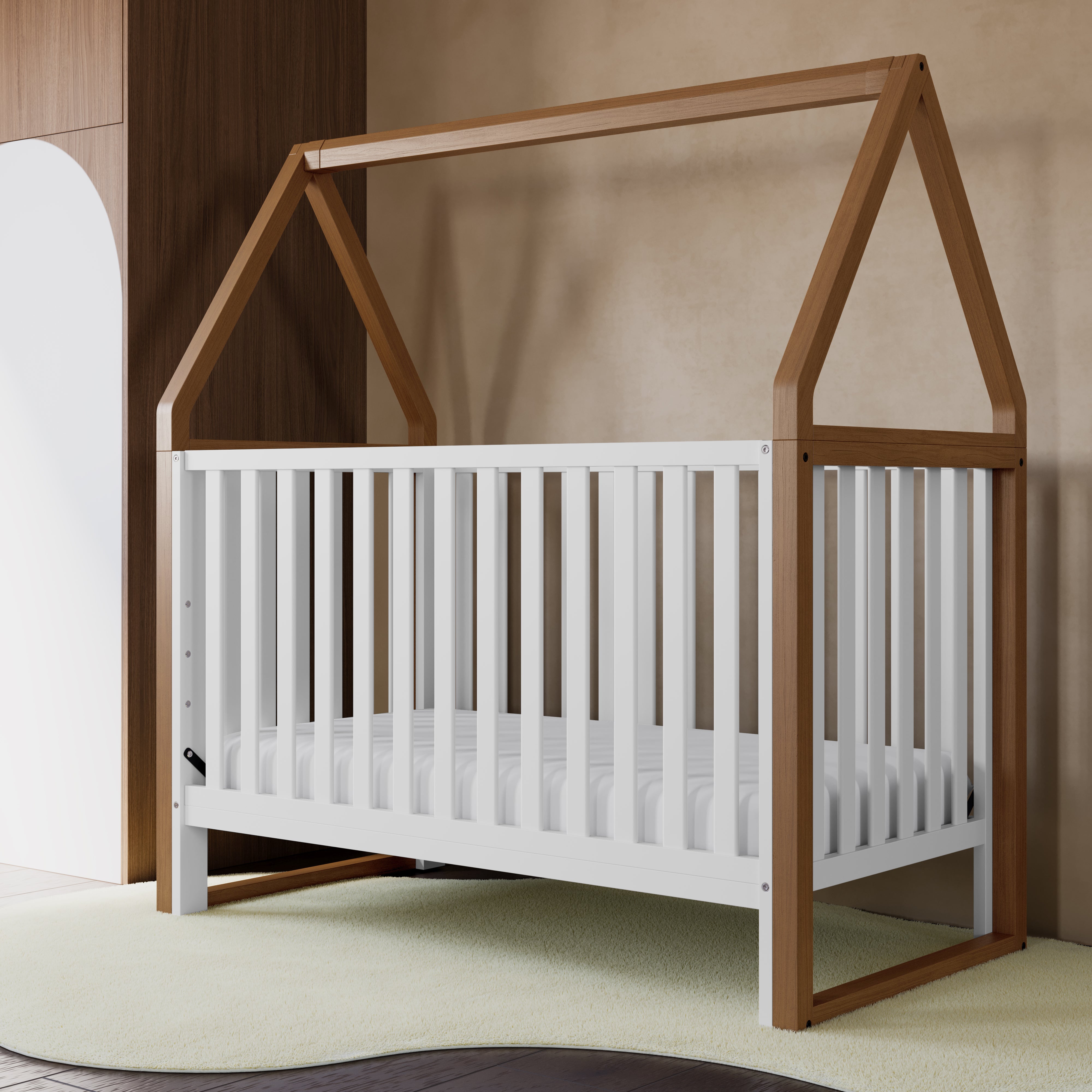 crib in a nursery (Hazelnut with White)