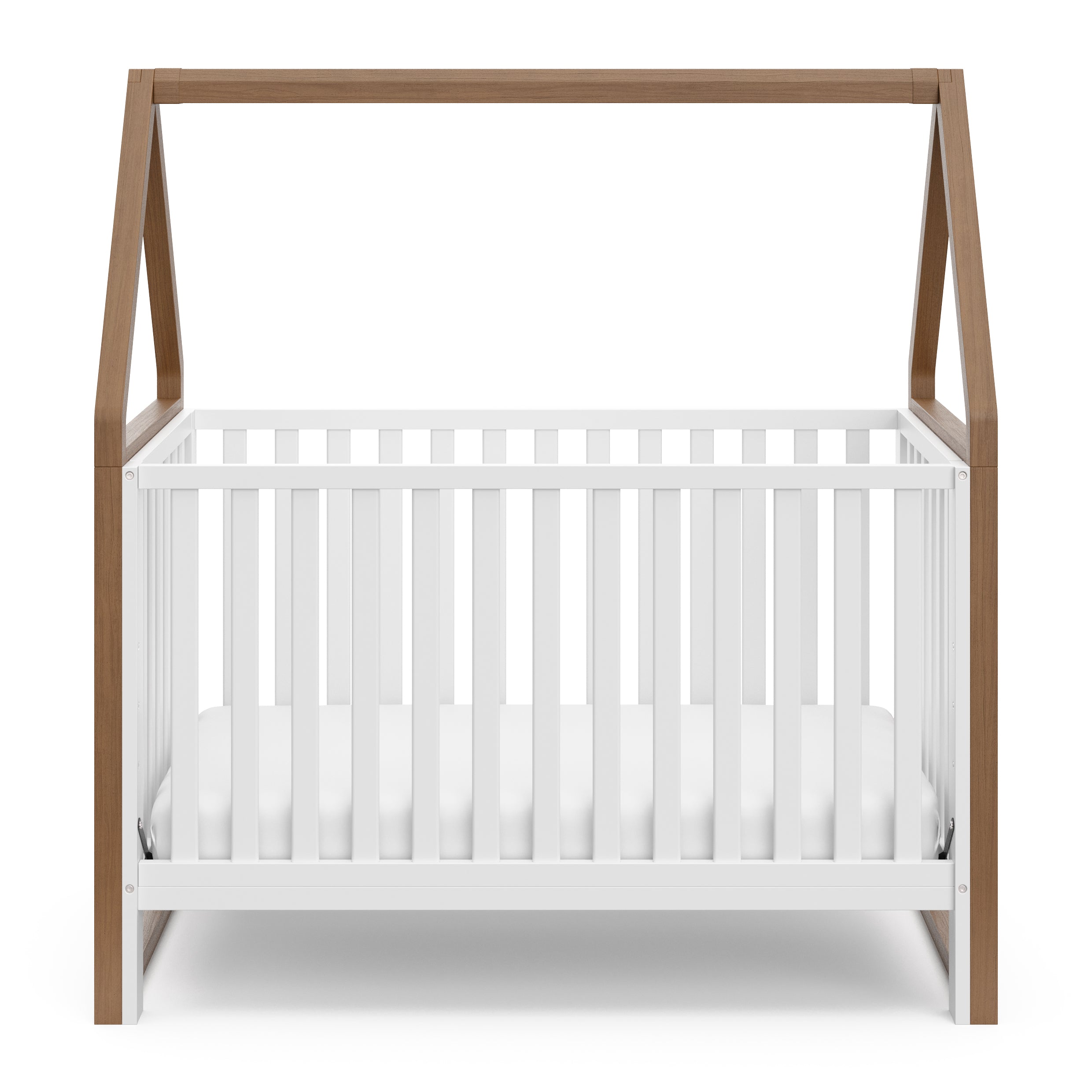 Crib with canopy front view (White with hazelnut)