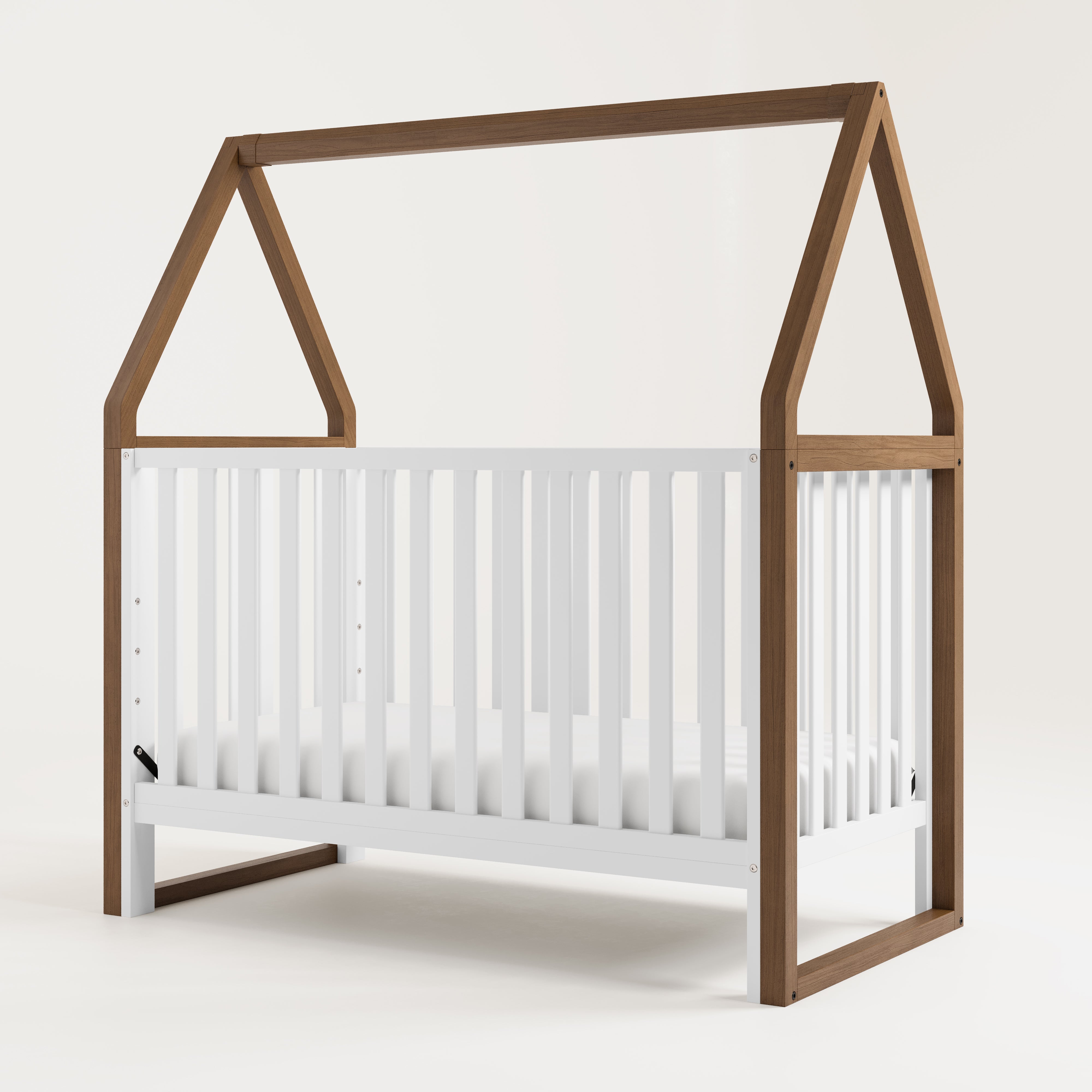 Crib with canopy angled view (White with hazelnut)