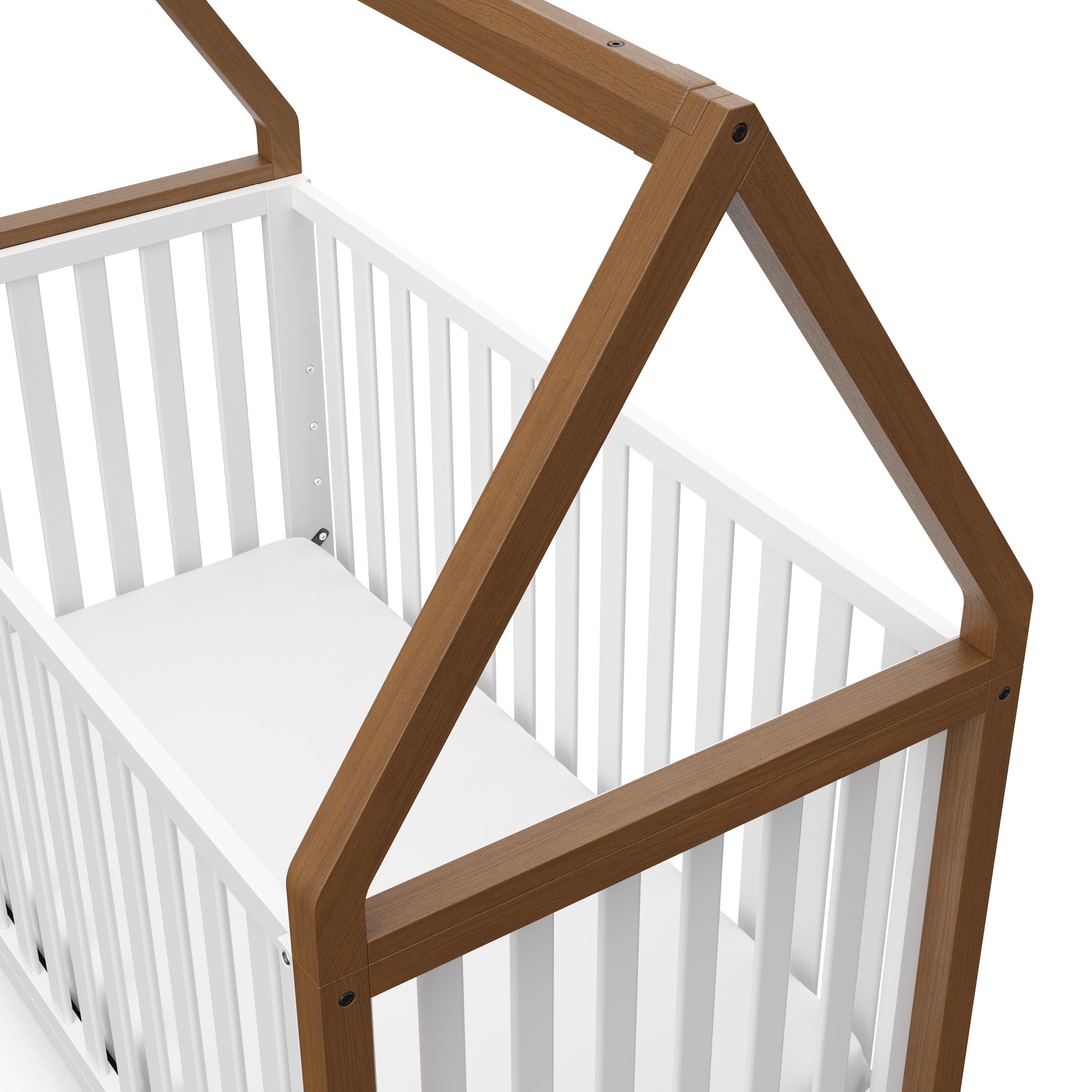 Crib with canopy detailed view (White with hazelnut)