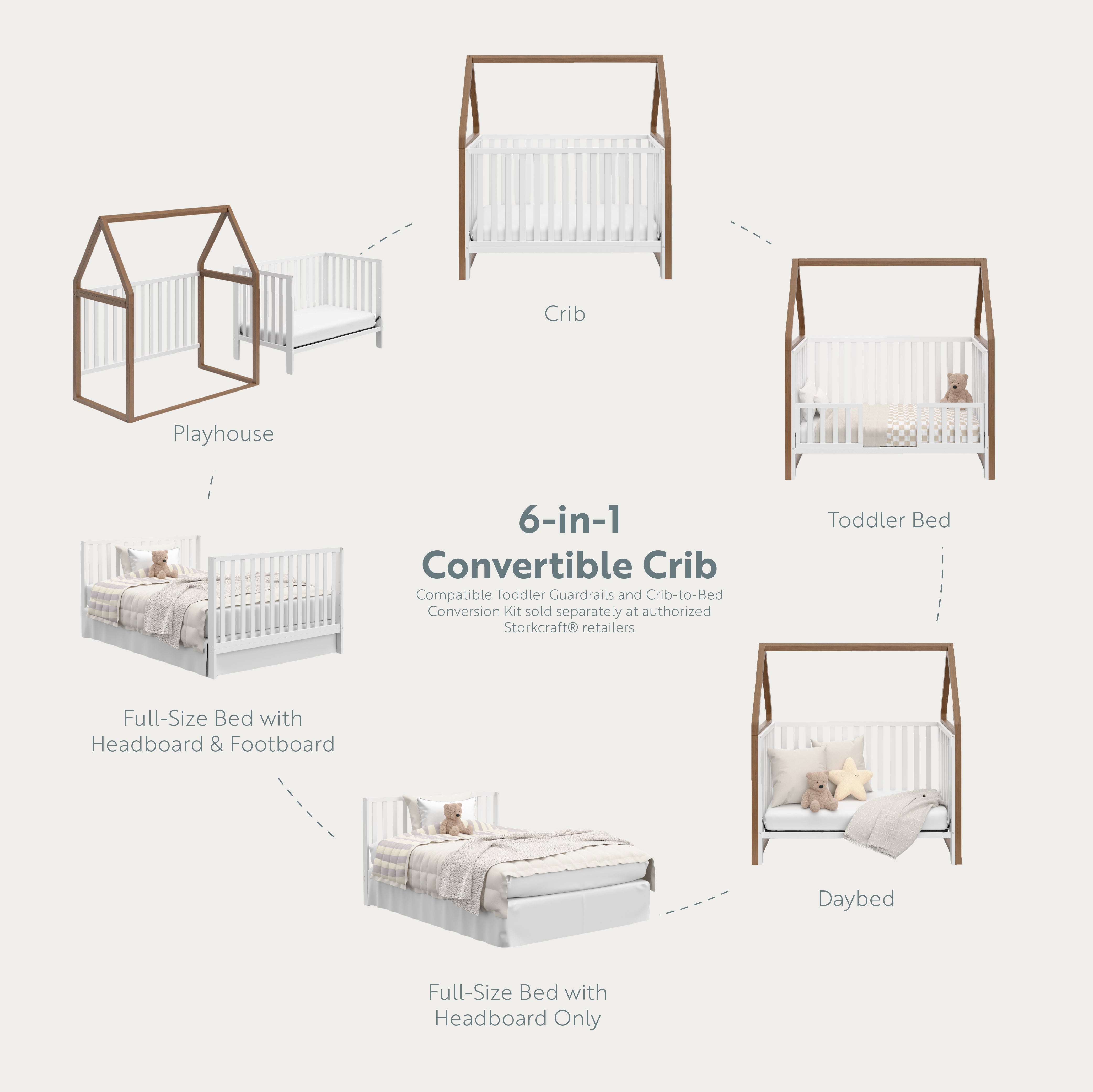 Crib with convertibility options displayed (White with Hazelnut)