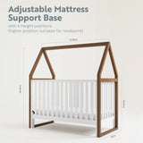 Crib with adjustable mattress description and dimensions displayed (White with Hazelnut)