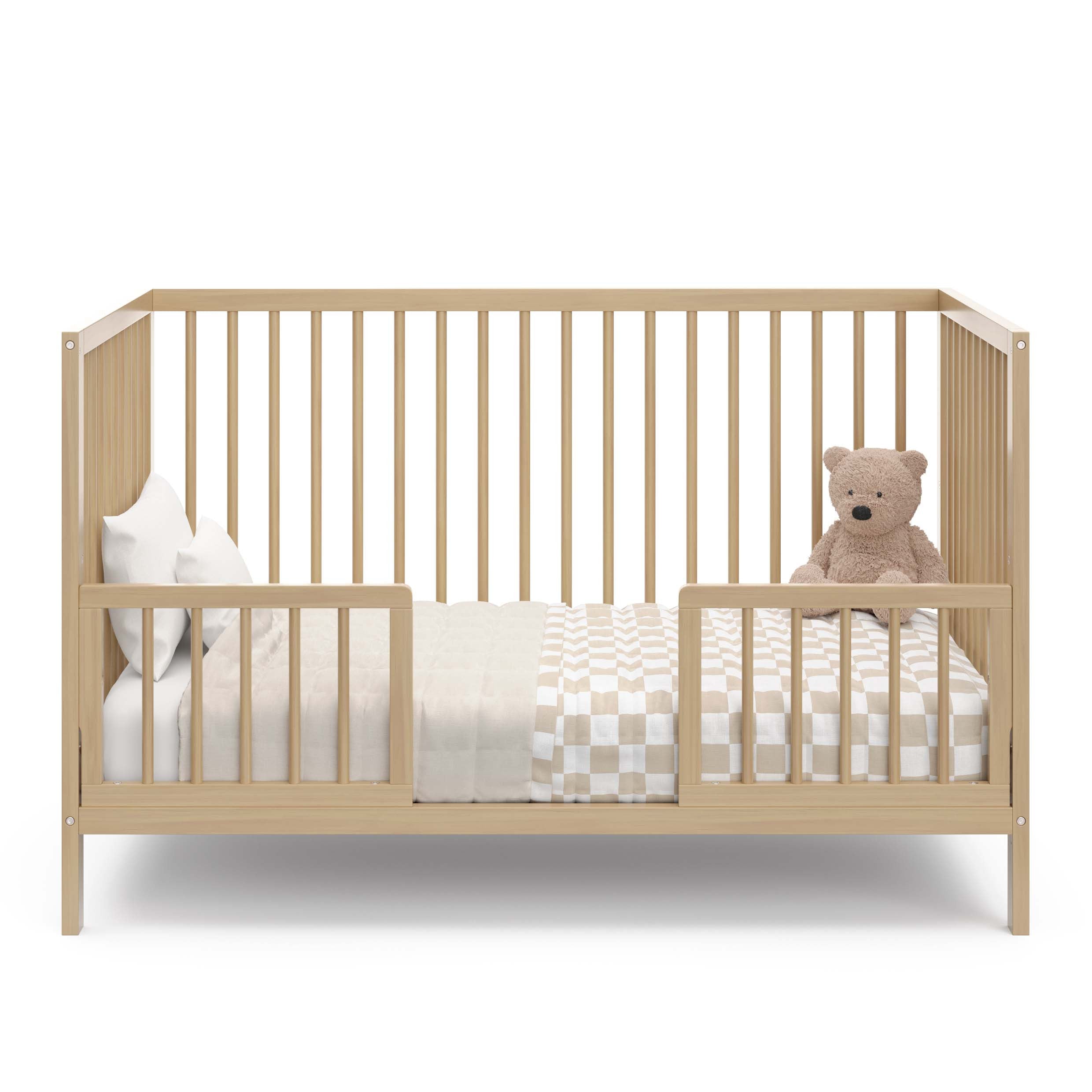 driftwood crib in toddler bed conversion with two guardrail