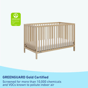 Driftwood crib with GREENGUARD Gold Certified badge