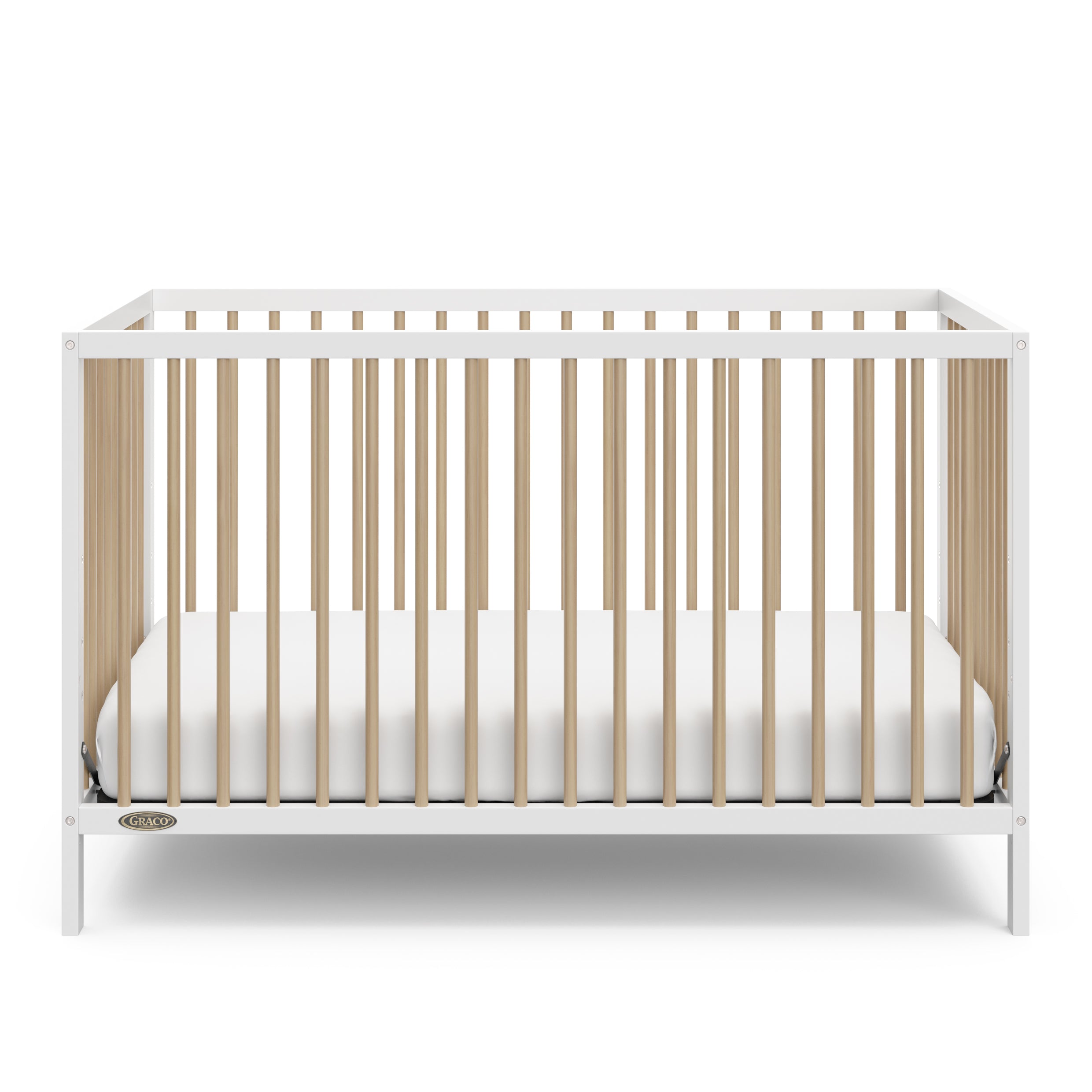 front view of white with driftwood crib