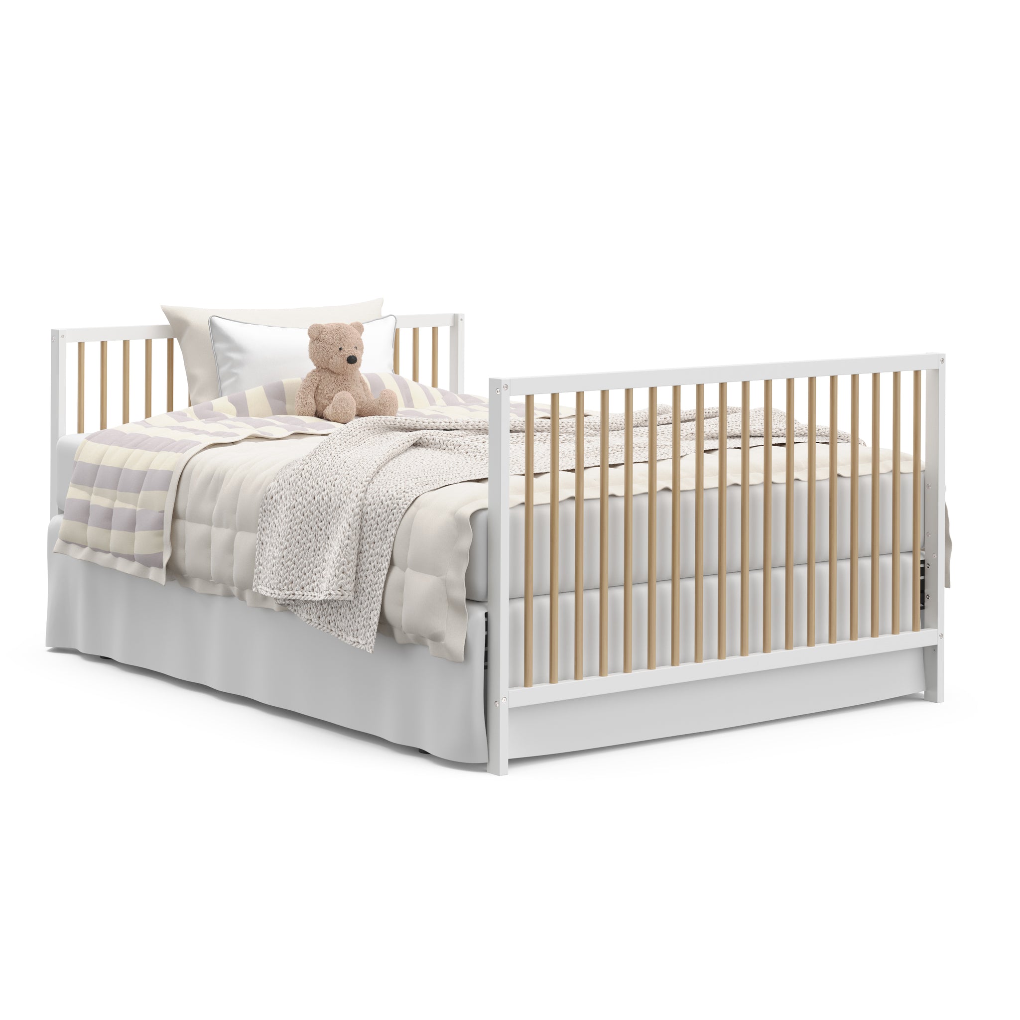 white with driftwood crib in bed conversion with headboard and footboard
