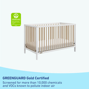 White crib with driftwood with GREENGUARD Gold Certified badge